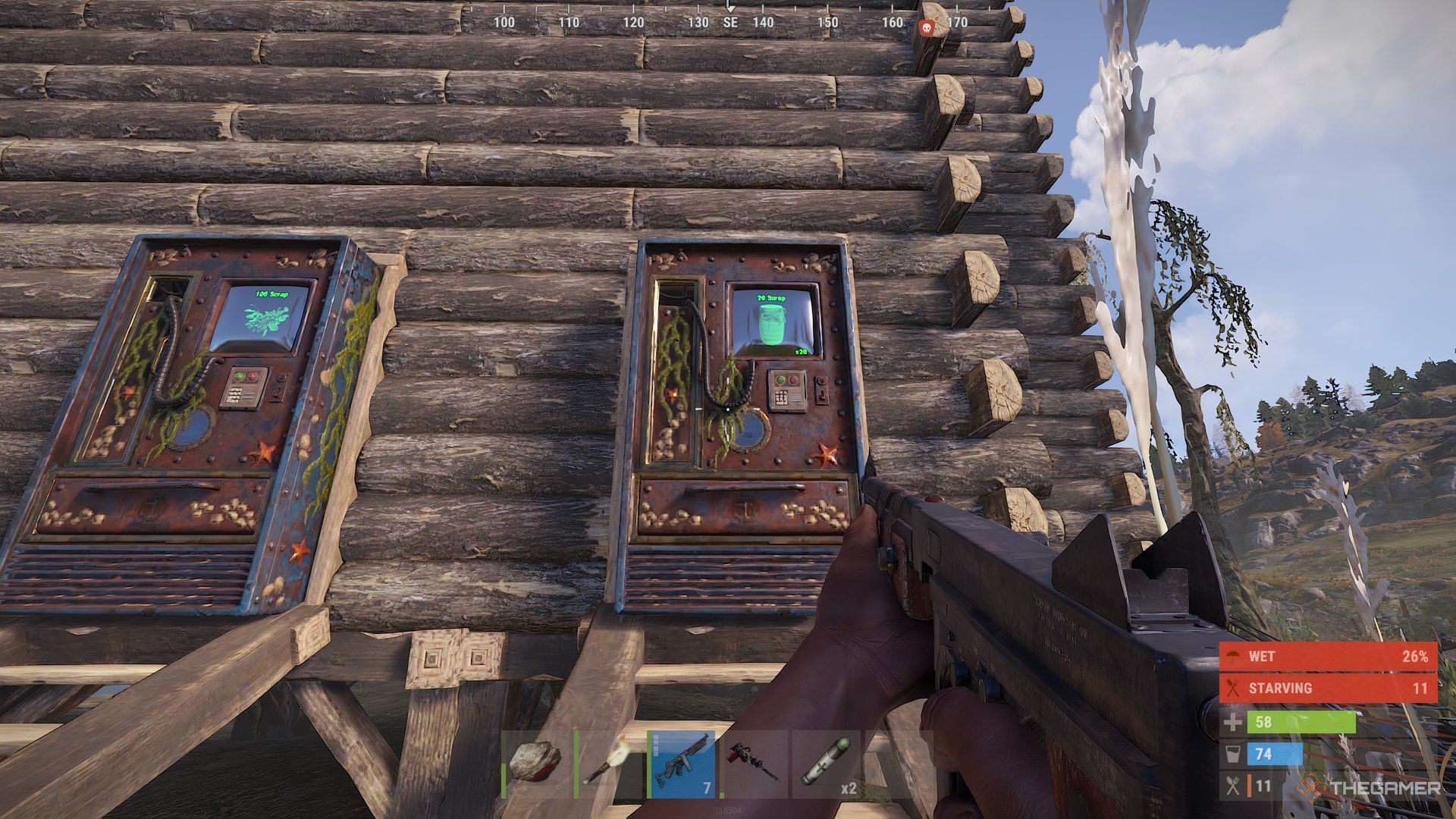 Rust Gunstore character holding a gun looking at a vending machine showing the Jar of Honey on the screen.