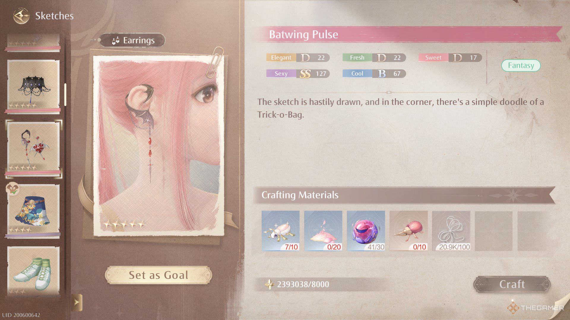 The Batwing Pulse earring sketch is shown in Infinity Nikki.