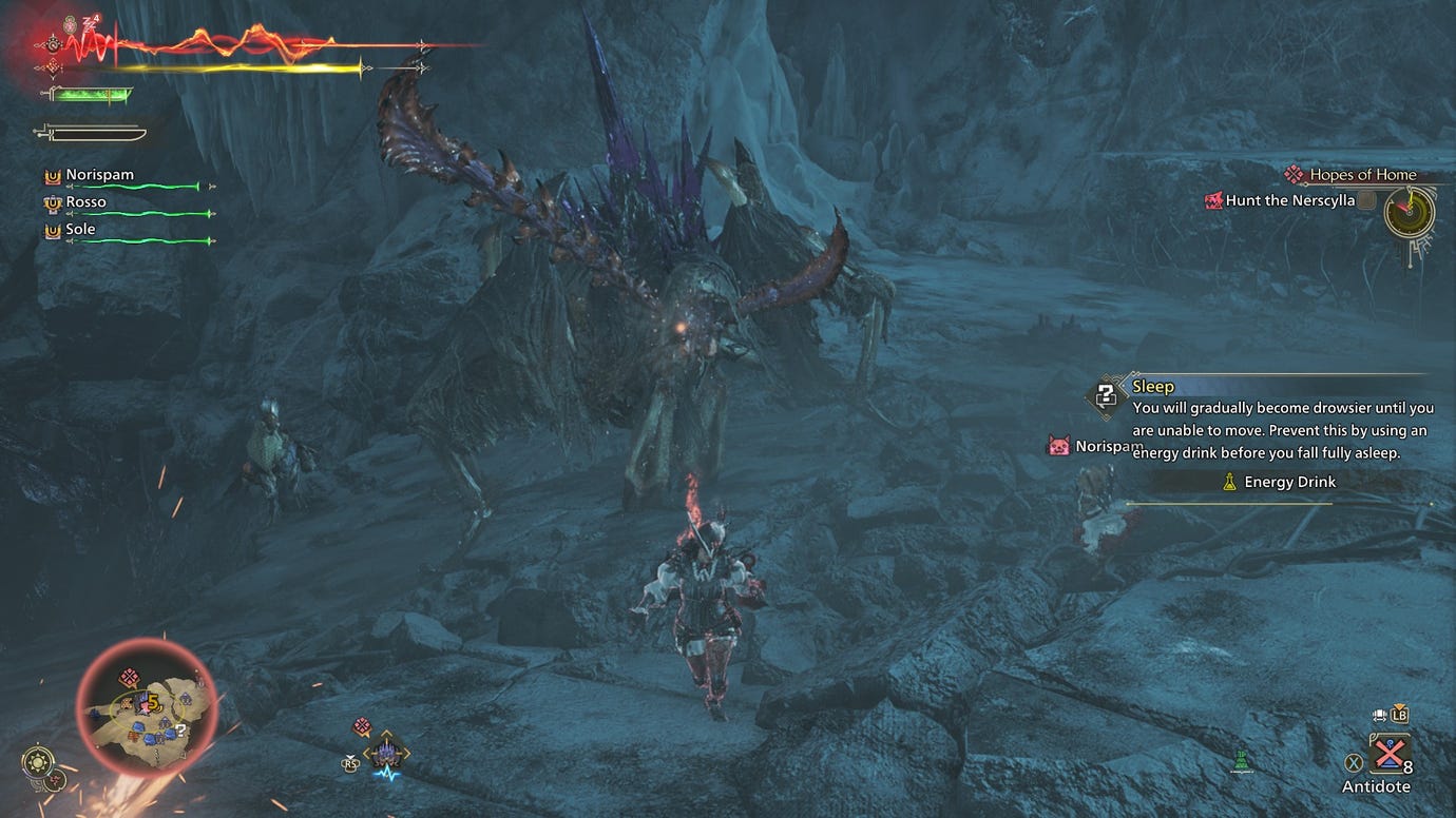 A hunter fights off the Sleep status as she fights a Nerscylla in Monster Hunter Wilds.