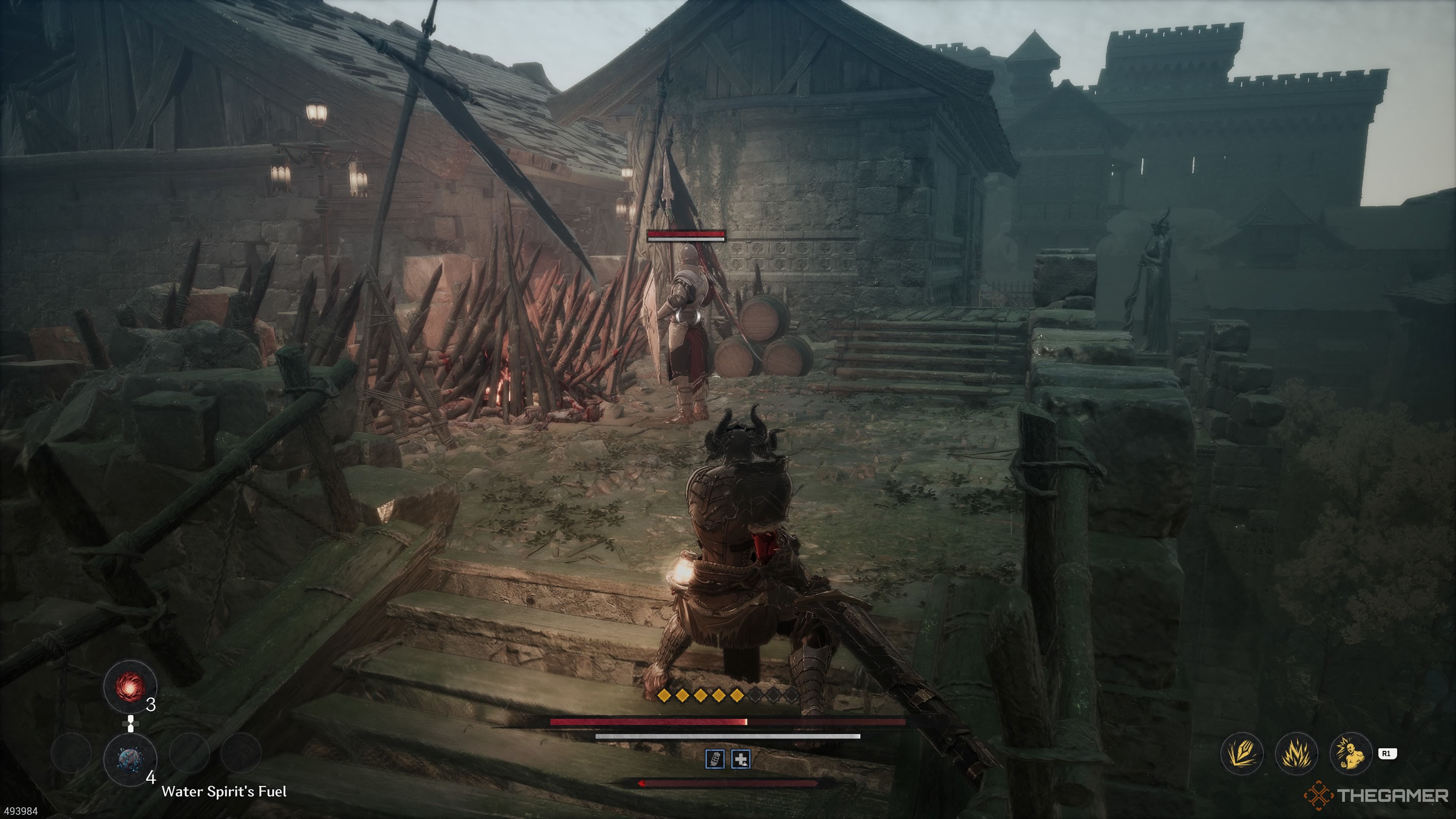Sneaking up on the Lancer in the Submerged Village area in the Witch's Castle stage in The First Berserker Khazan.