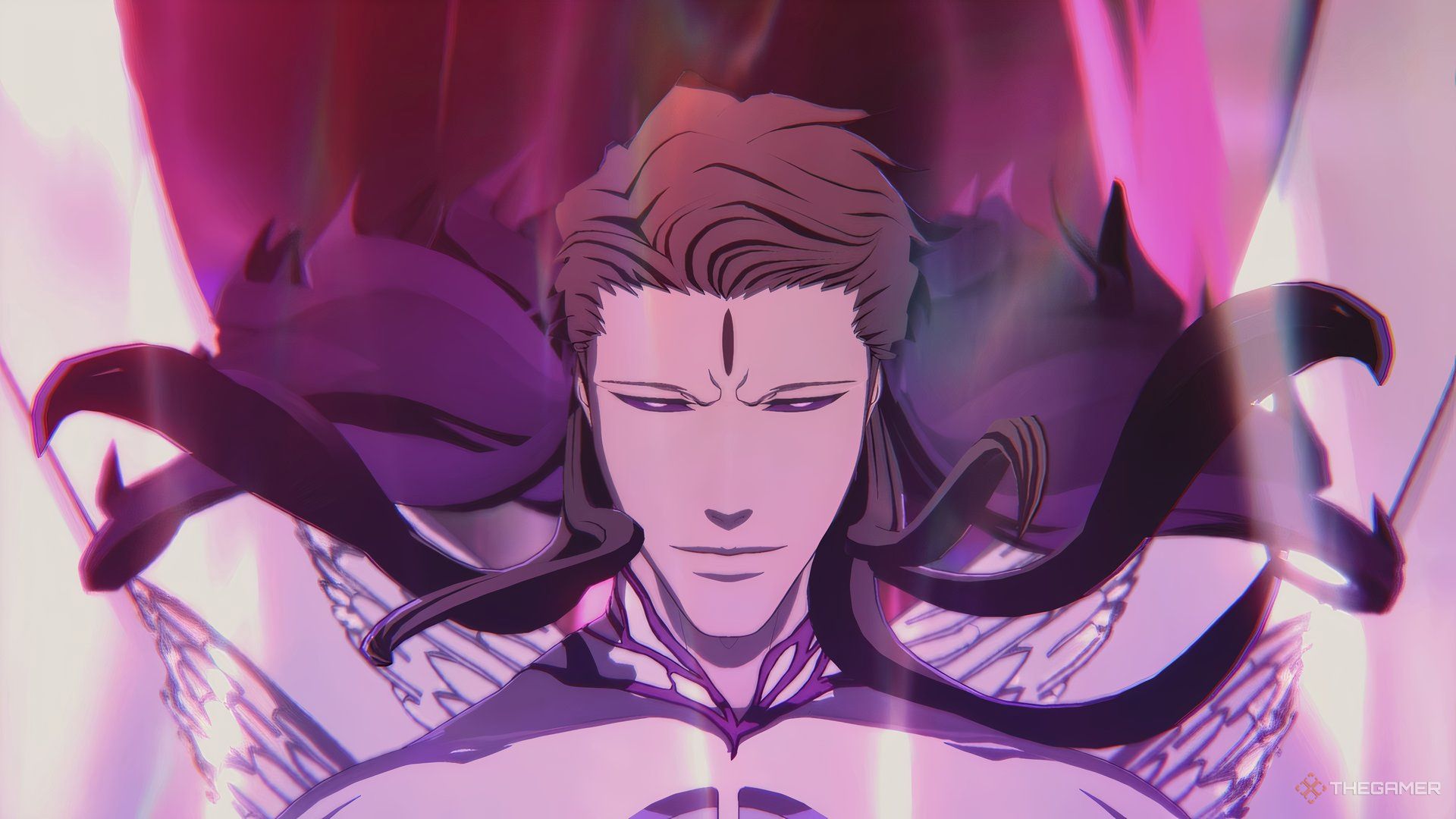 Sosuke Aizen's shrouded in purple aura while entering his Reawakened state in Bleach Rebirth of Souls.