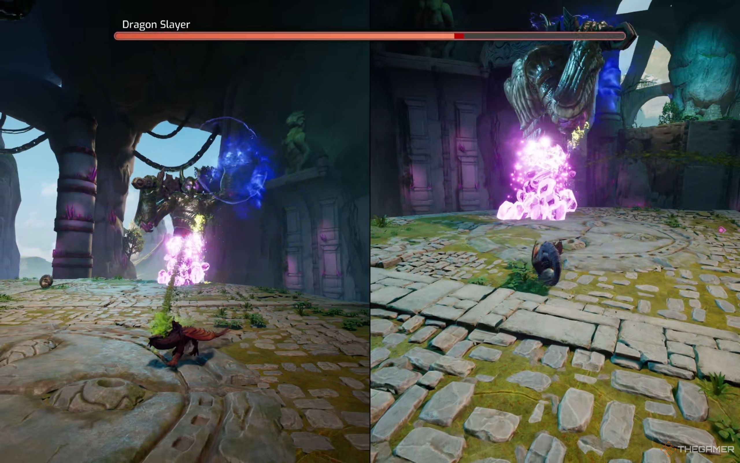Mio's red dragon spits acid at the Dragon Slayer, Zoe's blue dragon is rolling toward his purple torso.