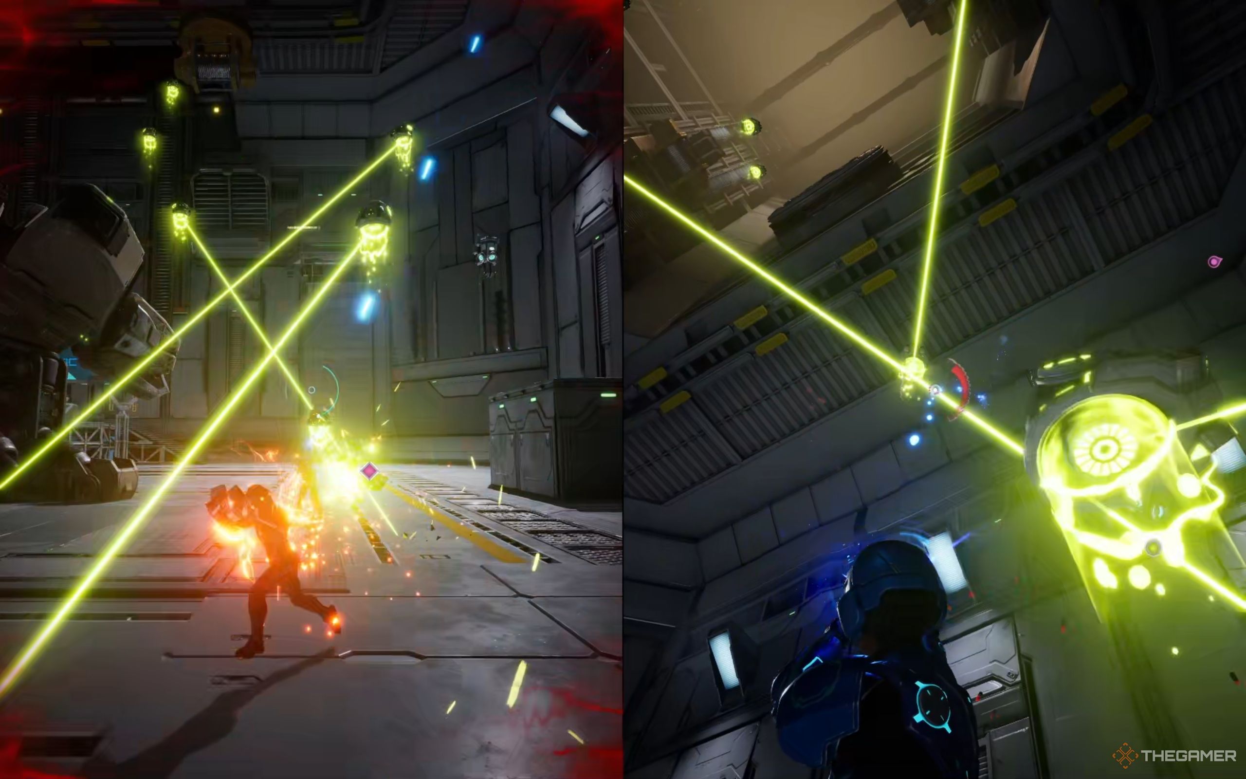 Neon-green drones fly in the air, shooting lasers.