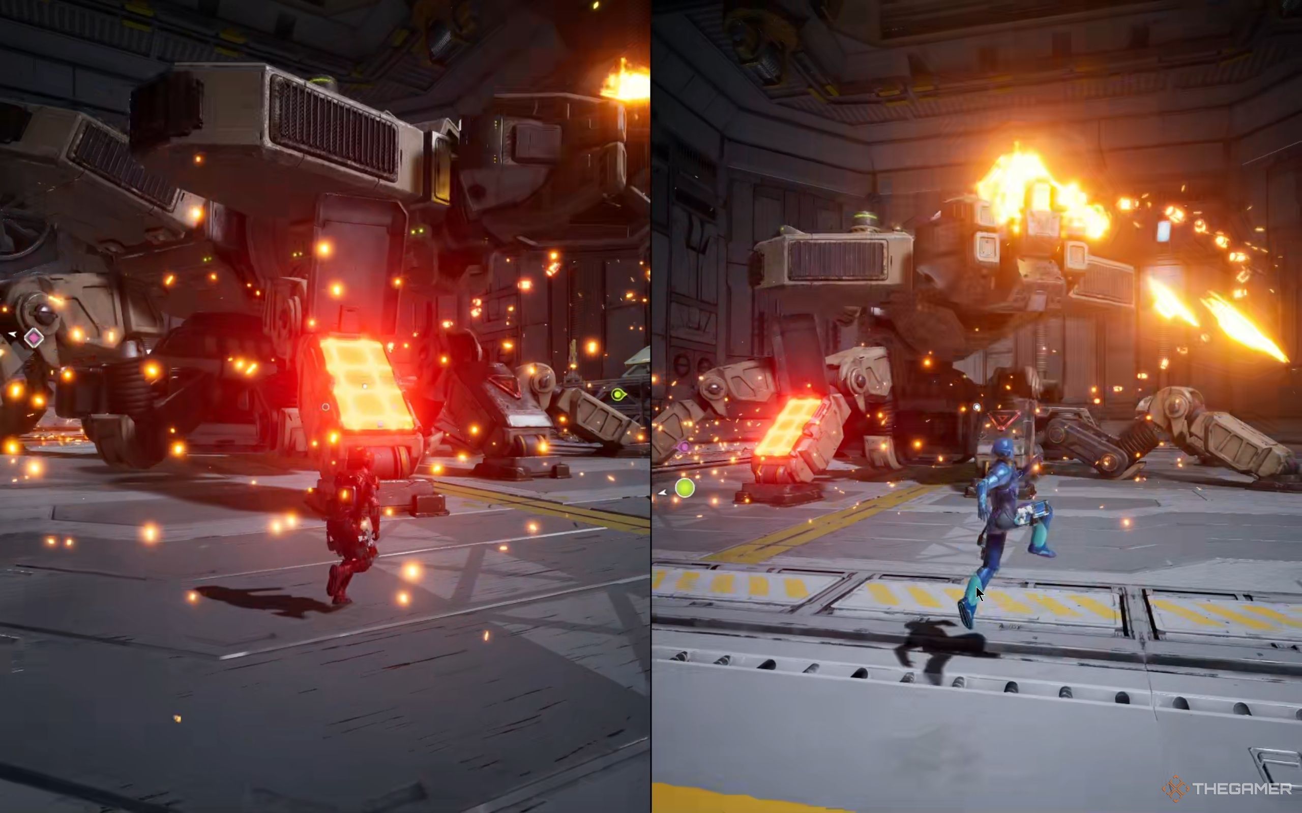 There's a red shield on the leg of the Factory Warden.