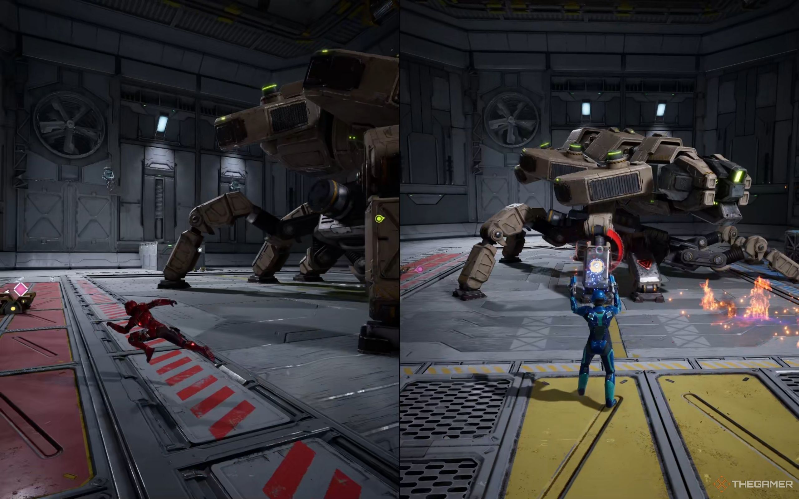 Mio dodges the attack, Zoe shoots the switch on the Warden's leg.