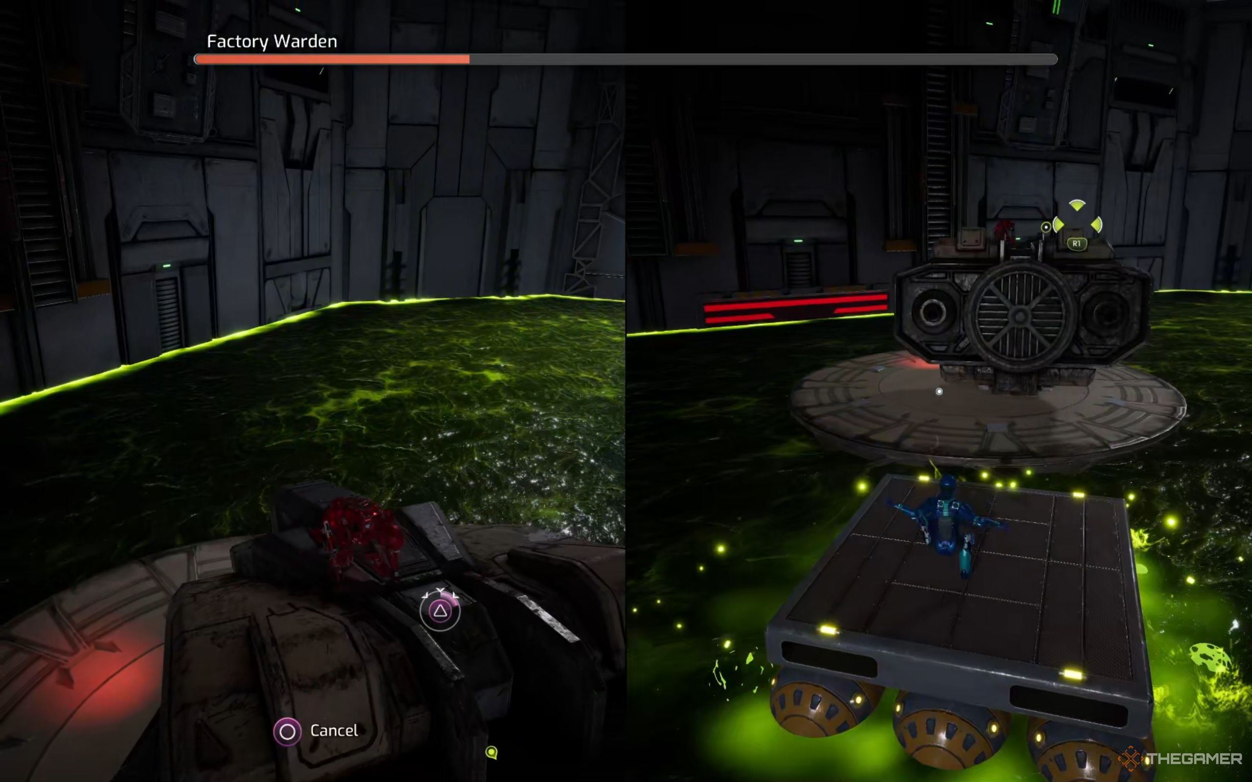 Mio is on the Warden's head, while Zoe is crossing the floating platforms to reach Mio.