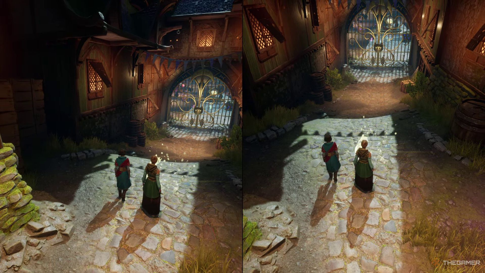 Zoe and Mio greet a ghost cat at the moon market entrance in Split Fiction.