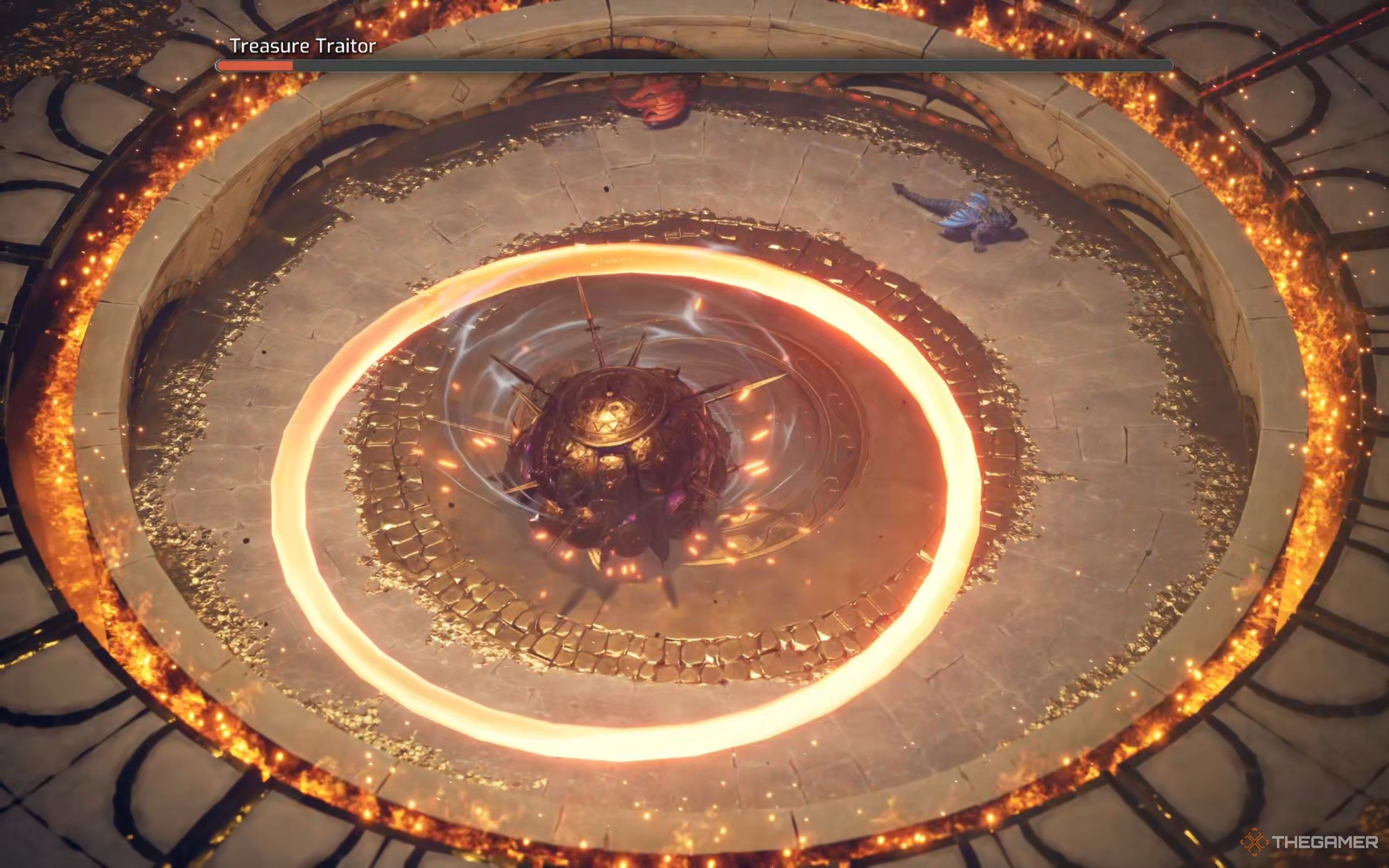 The Treasure Traitor in its ball form, emitting a ring of fire.