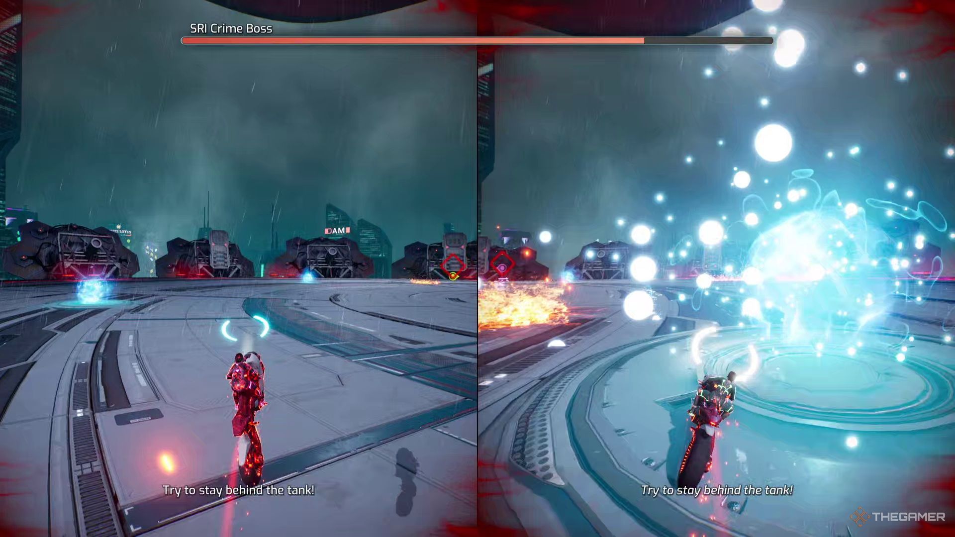 Zoe and Mio fuel up on ammo while fighting the SRI Crime Boss in Split Fiction.