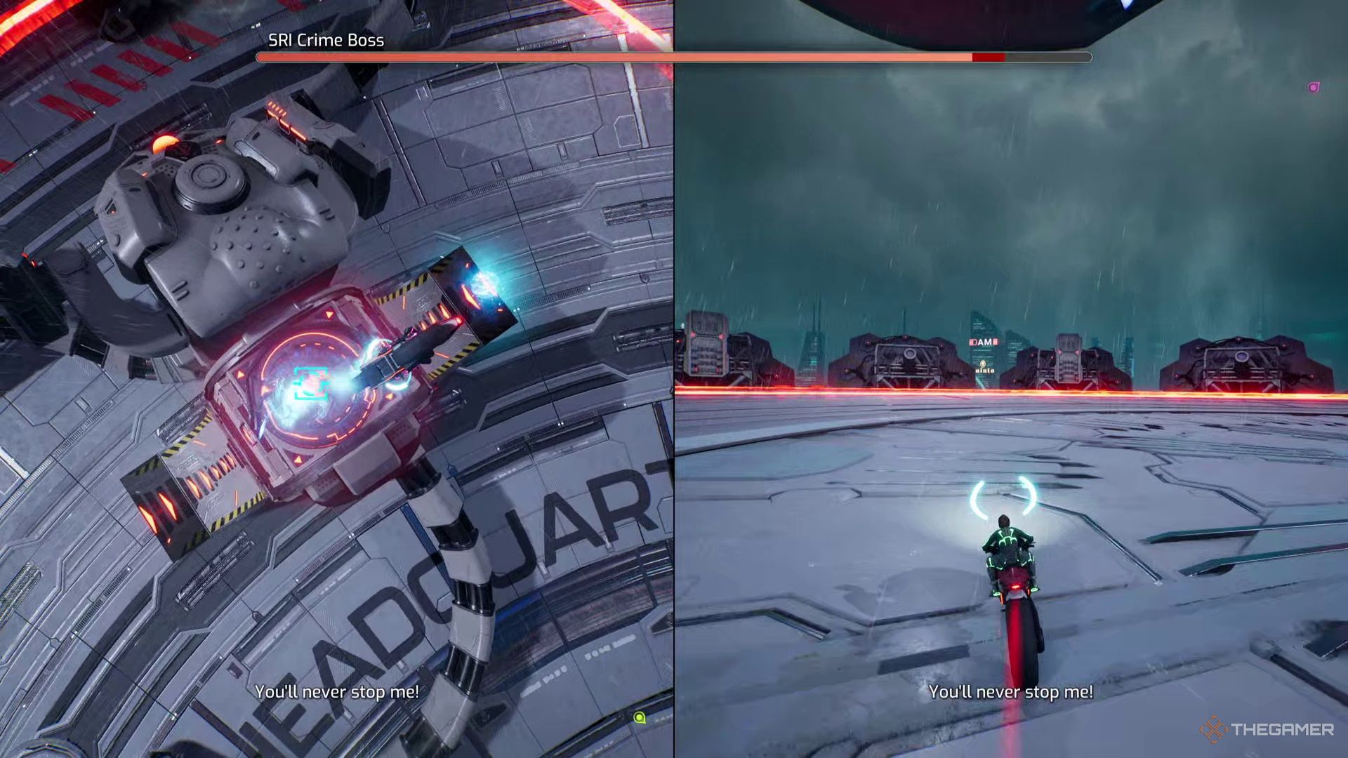 The player flips over and shoots the SRI Crime Boss in Split Fiction.