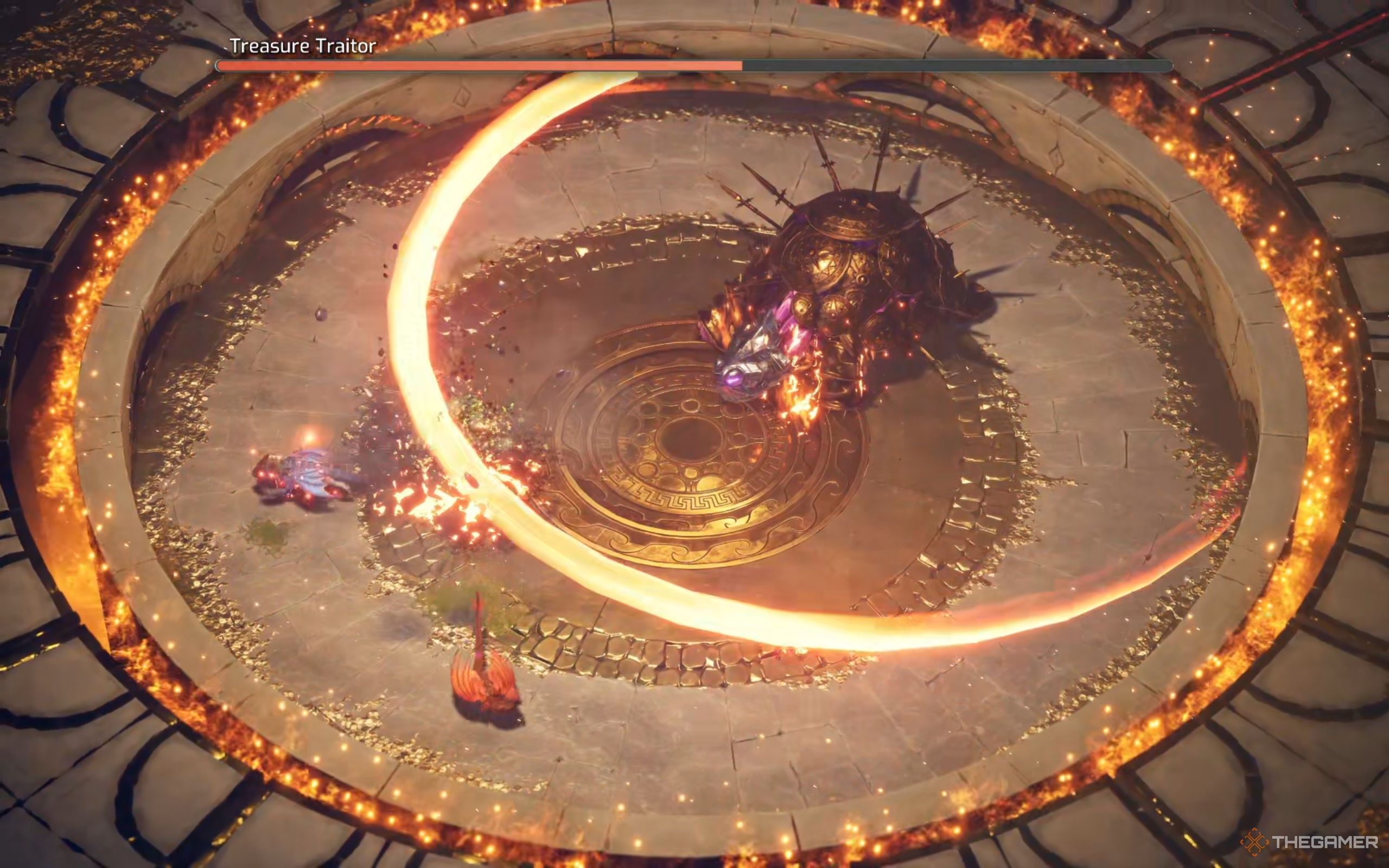 The Treasure Traitor lands in the arena, creating an expanding fire ring.