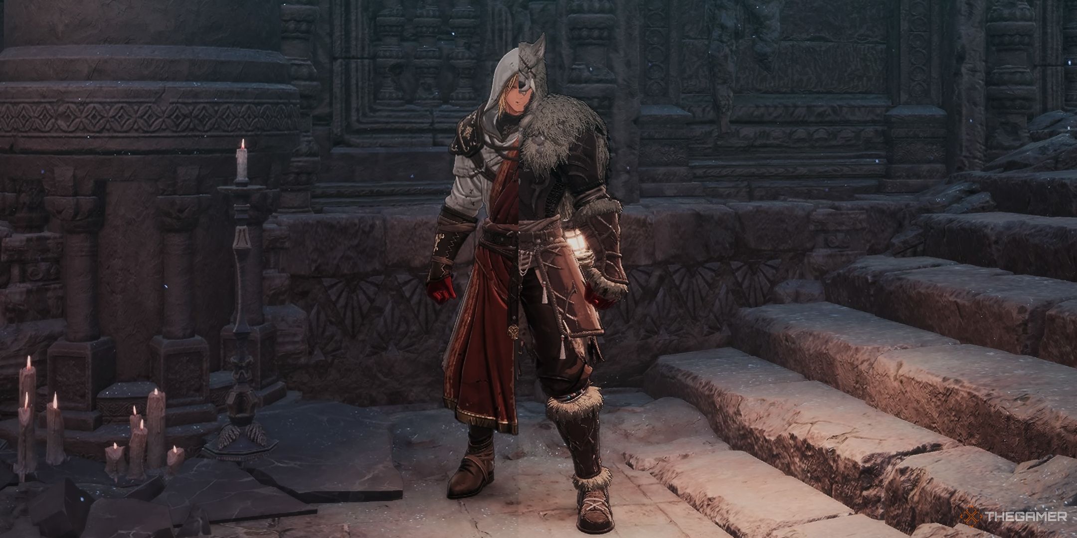 Split image of Ashen Wolf and Cleric armor in The First Berserker Khazan.