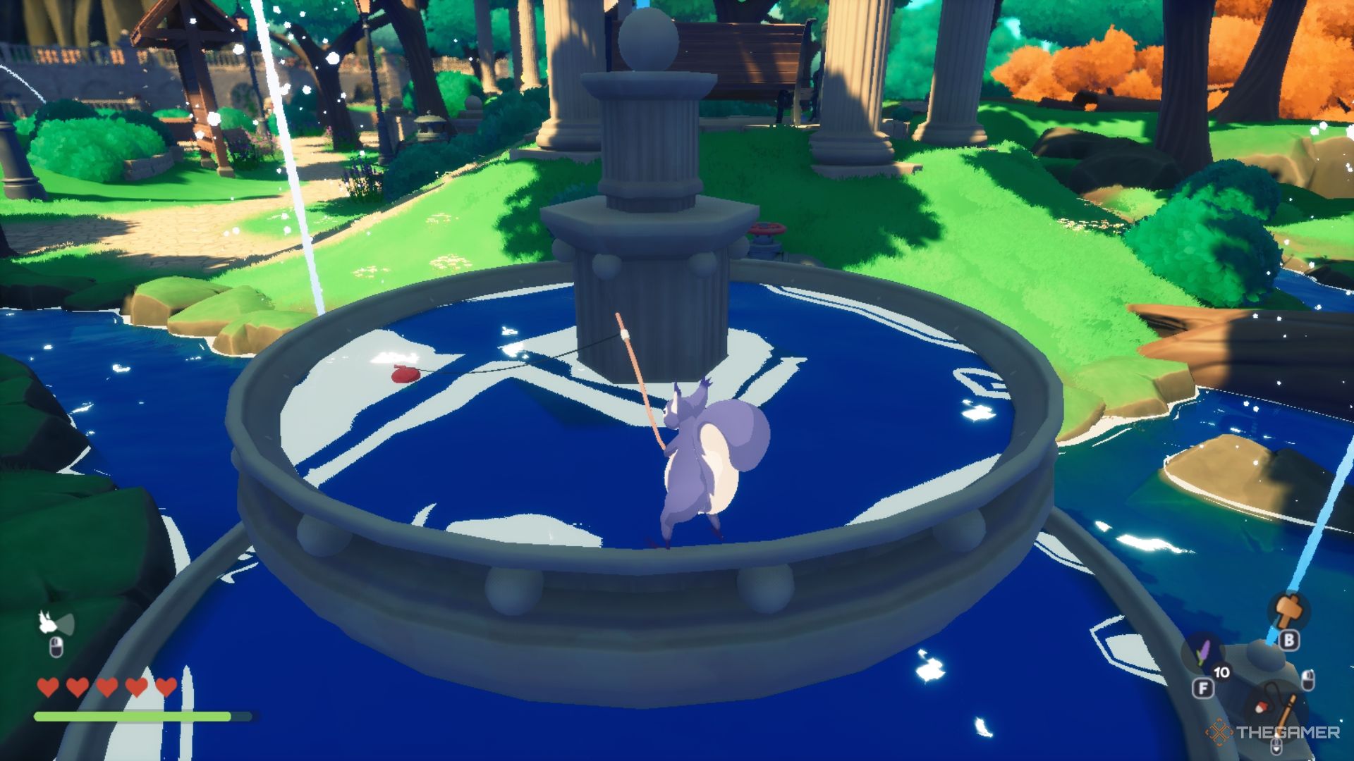 A purple squirrel fishing in a fountain.