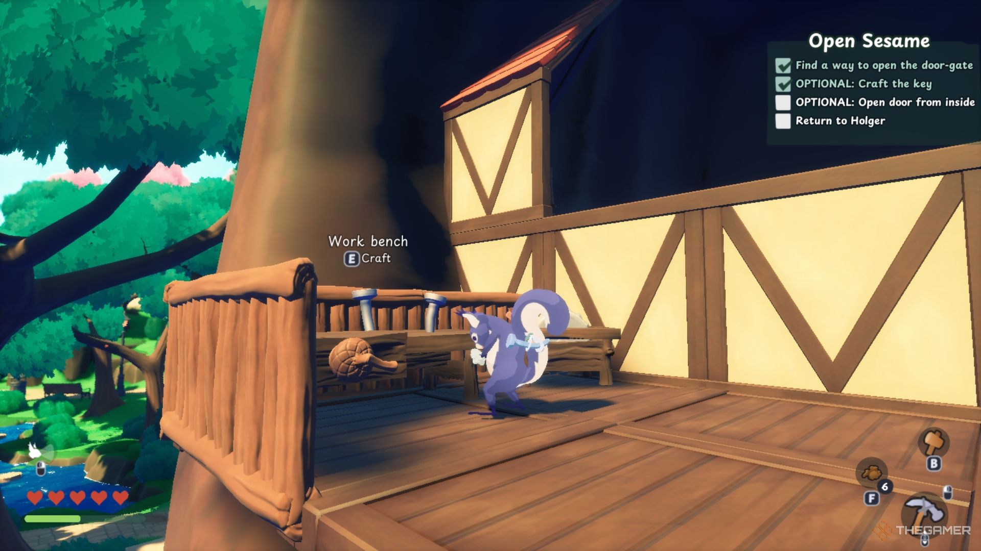A purple squirrel making tools on their porch.