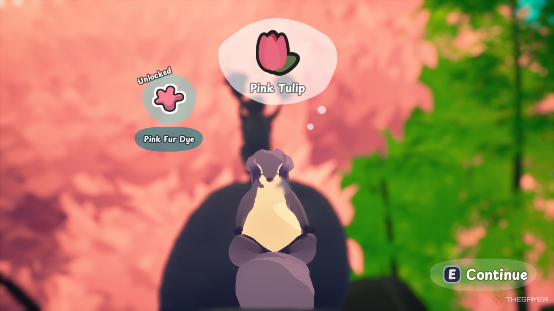 A purple squirrel meditating on a pink tulip.