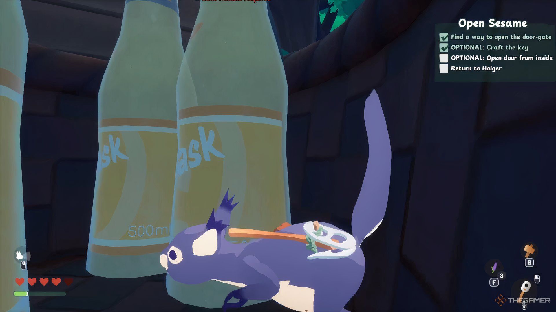 A purple squirrel swinging a bonker at a bottle.