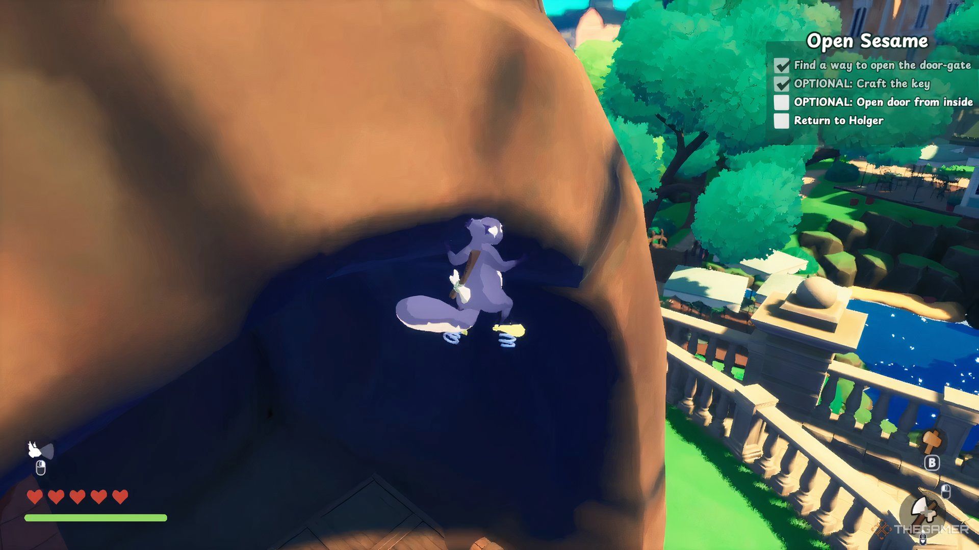 A purple squirrel with springy shoes in midair.