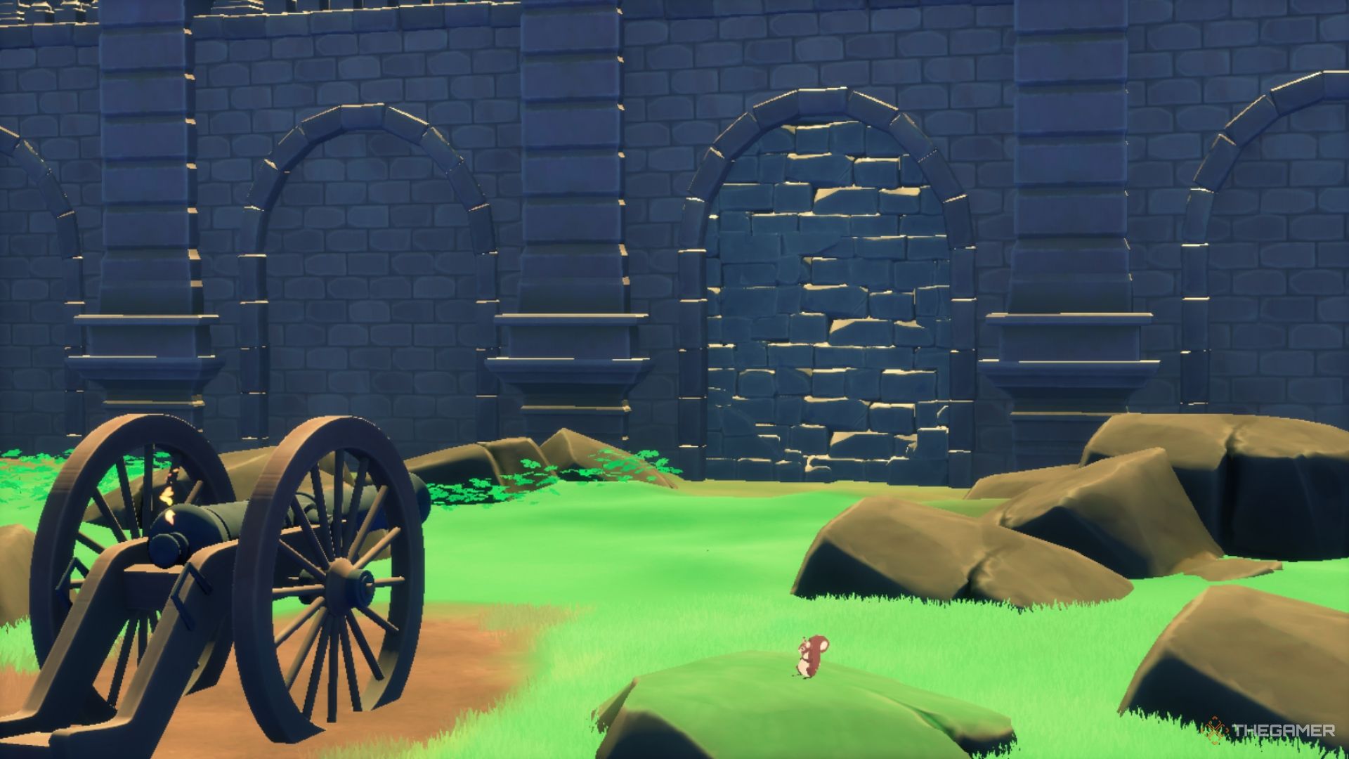 A tiny squirrel standing next to a massive cannon in the forest, facing a stone wall.