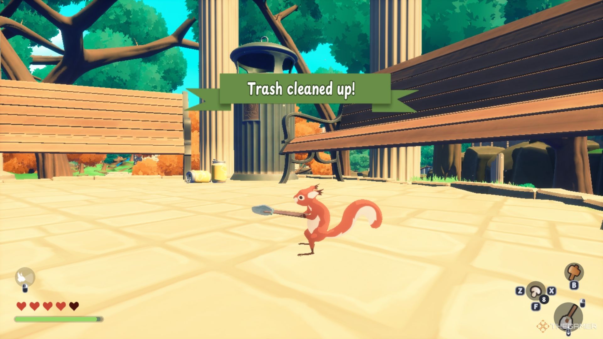 An orange squirrel cleaning up trash.