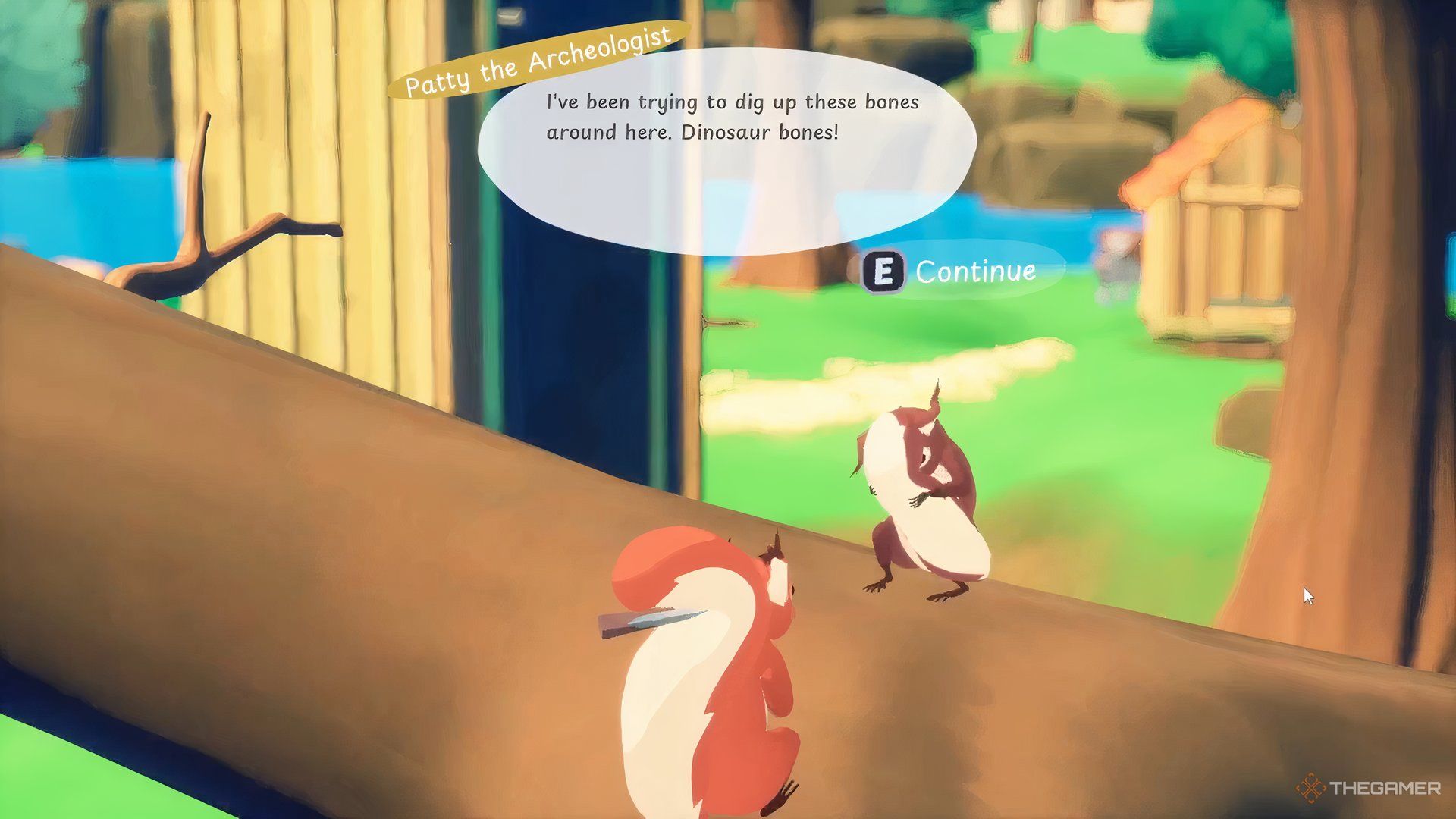An orange squirrel talking to a brown one about dinosaur bones.