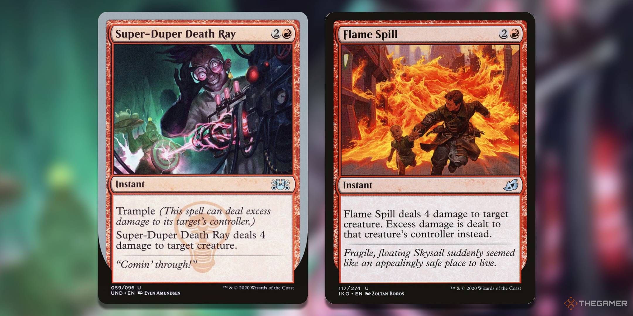 The Super-Duper Death Ray card, from Unsanctioned, and Flame Spill, from Ikoria: Lair of Behemoths.