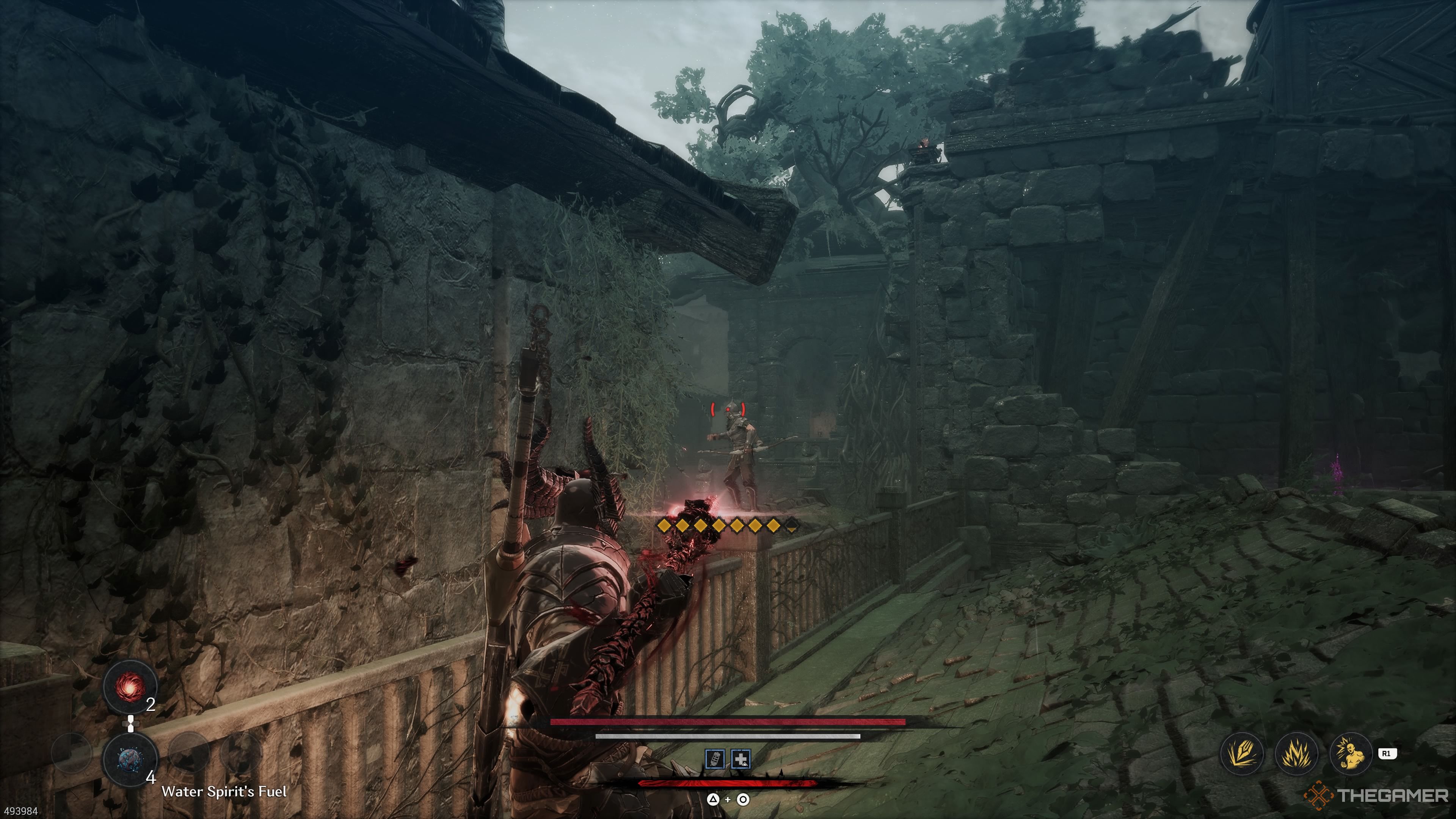 Taking out the archer near the rooftops in the Commercial District section of the Witch's Castle stage in The First Berserker Khazan.