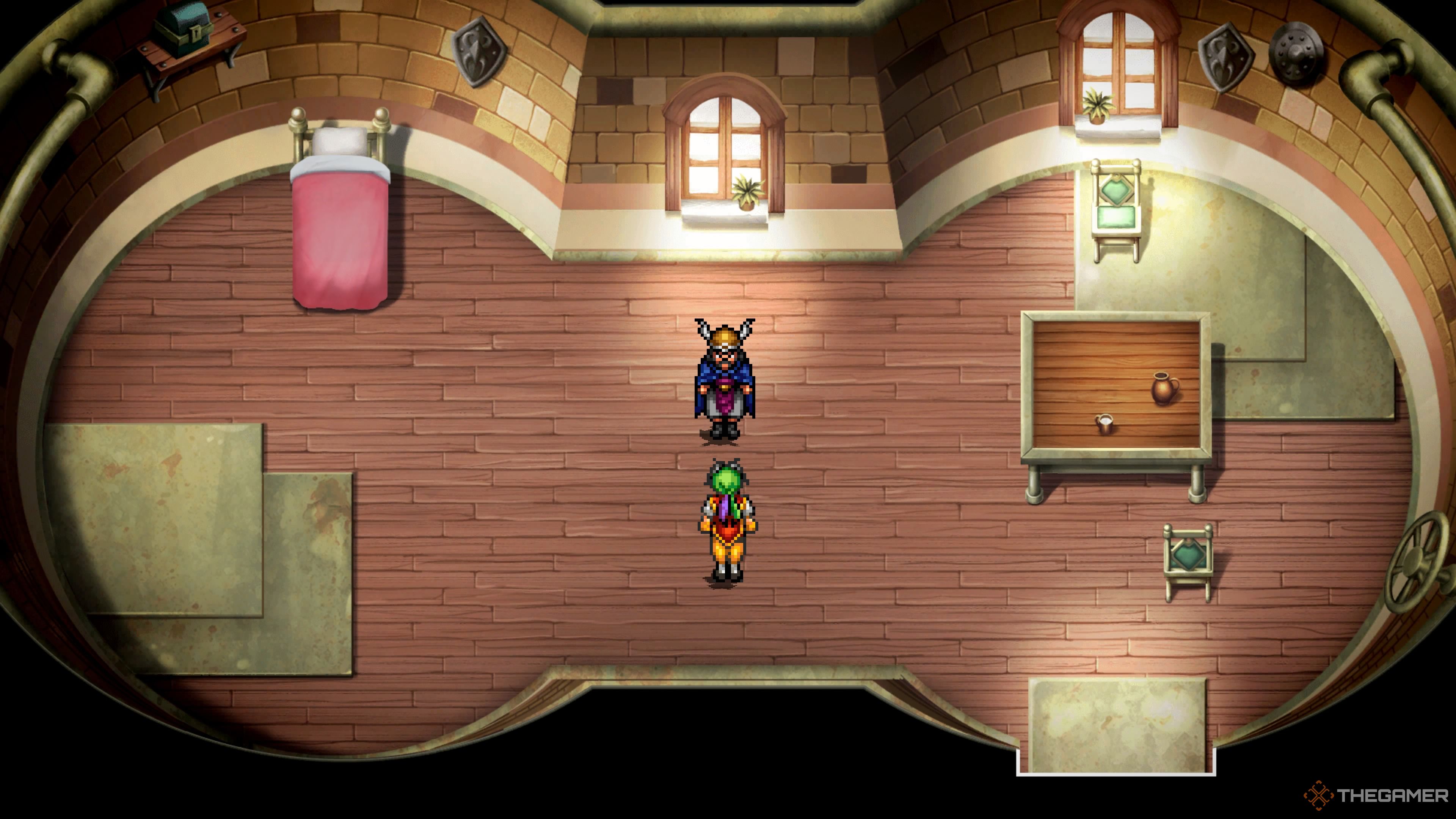 Talking to the dwarf chief in the Suikoden 1 HD Remaster.