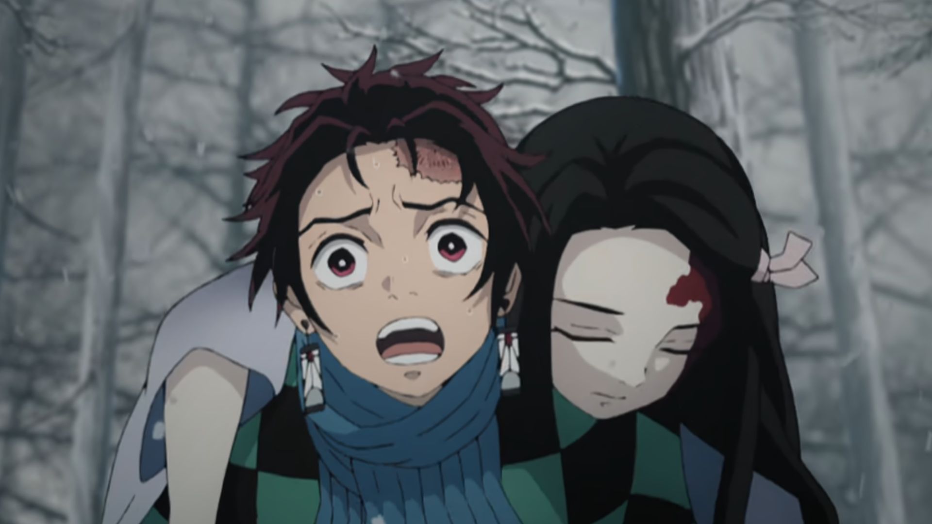 Tanjiro is carrying Nezuko on his back in Demon Slayer.