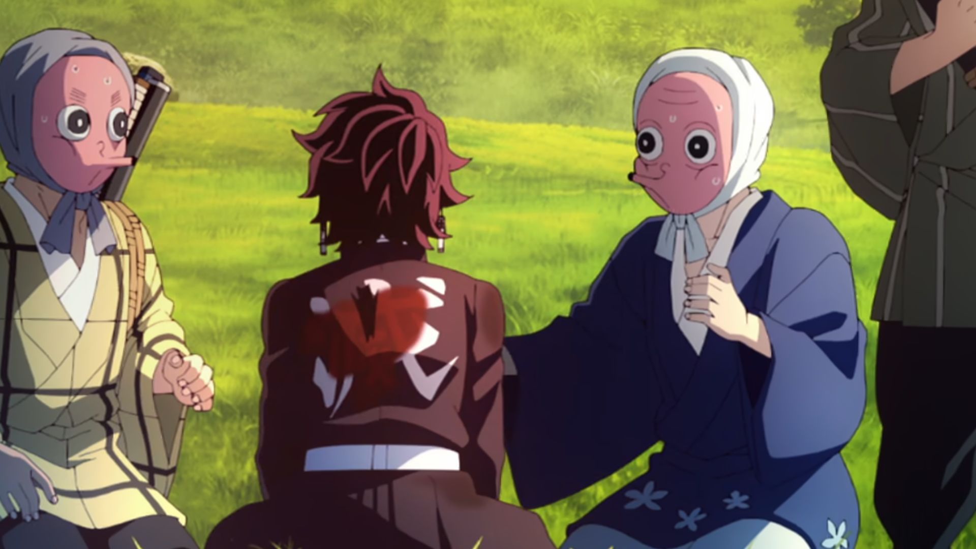 Tanjiro is sitting with the Swordsmiths in Demon Slayer.