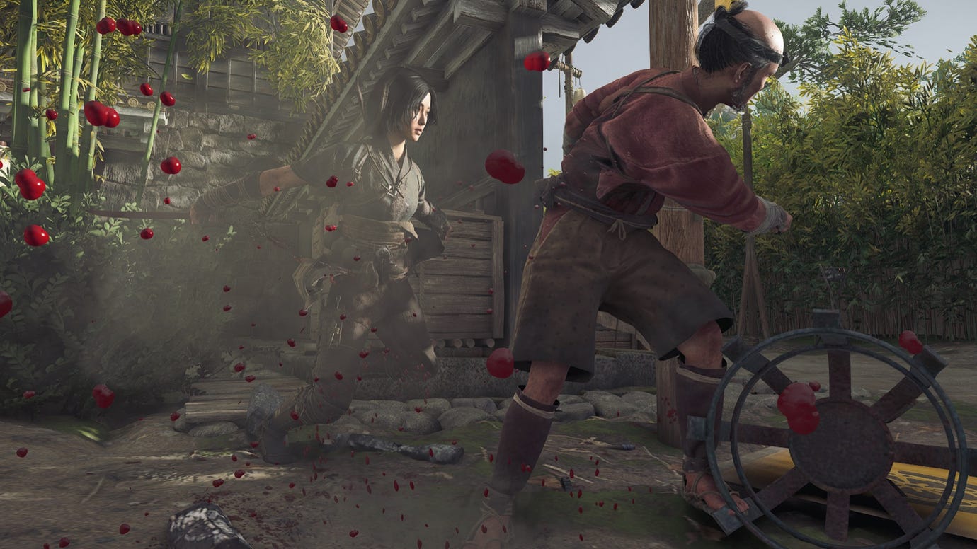 Naoe uses her tanto to stab an enemy in the back in Assassin's Creed Shadows.