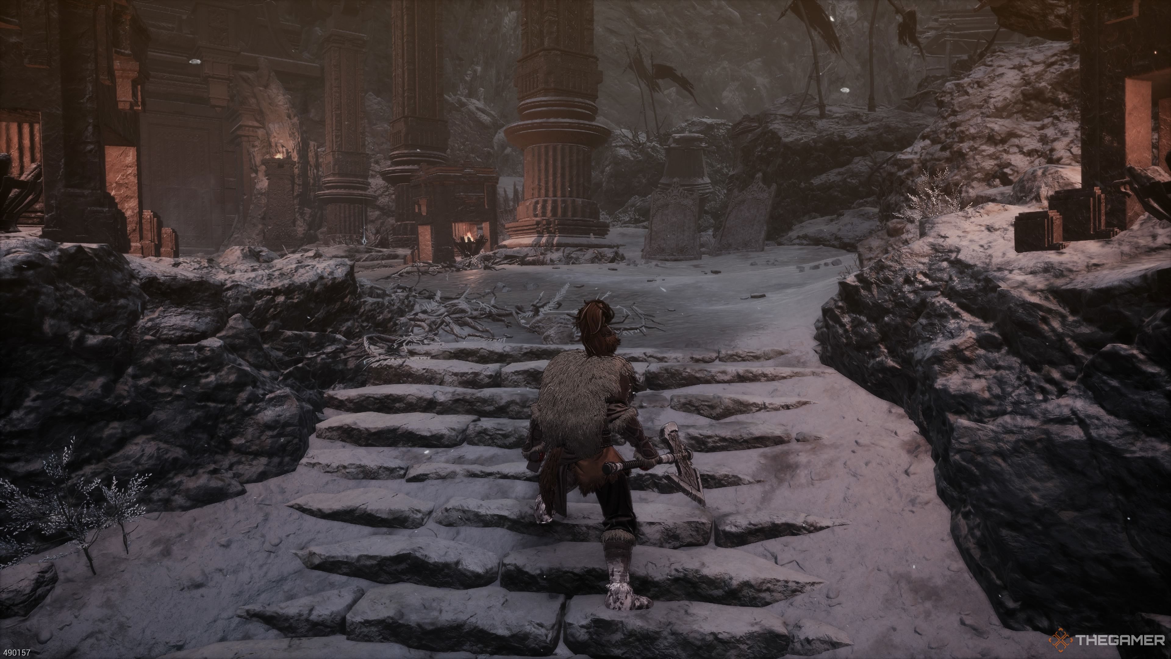 The area in front of the forgotten temple entrance in The First Berserker Khazan.