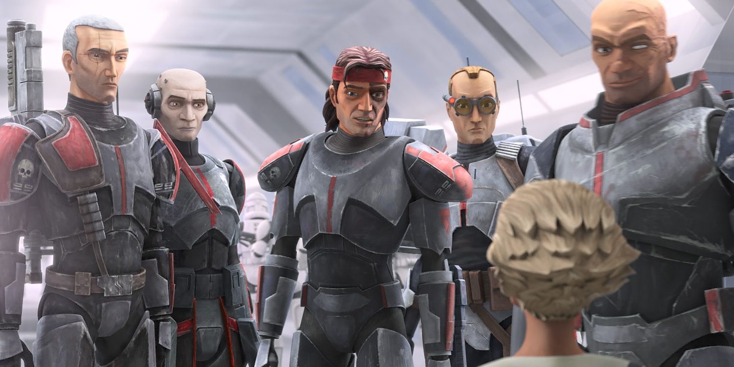 Left to right: Crosshair, Echo, Hunter, Tech, Omega, and Hunter in the Bad Batch.