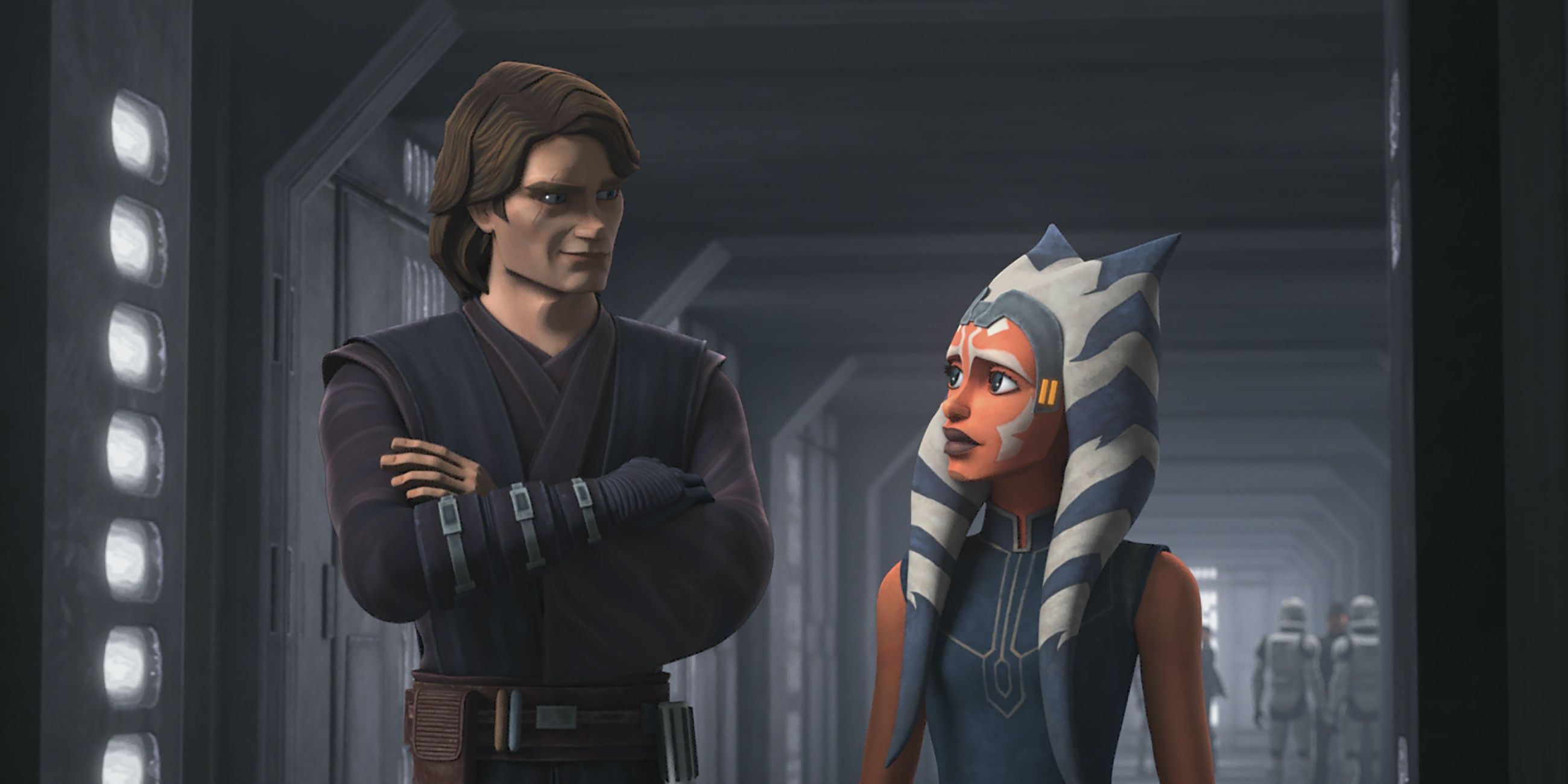 Anakin Skywalker smiling while talking to Ahsoka Tano in Star Wars: The Clone Wars.
