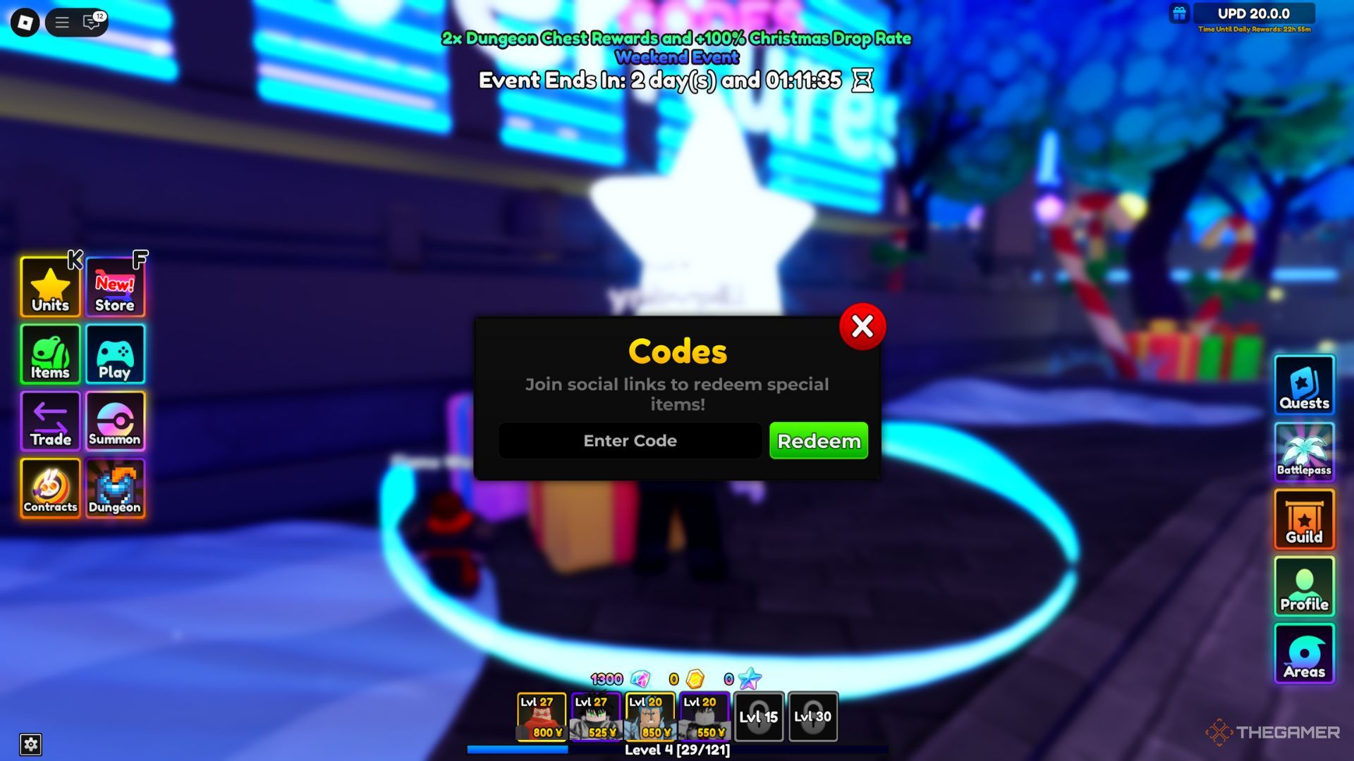 The player character shows the codes tab in the main lobby in Anime Adventures.