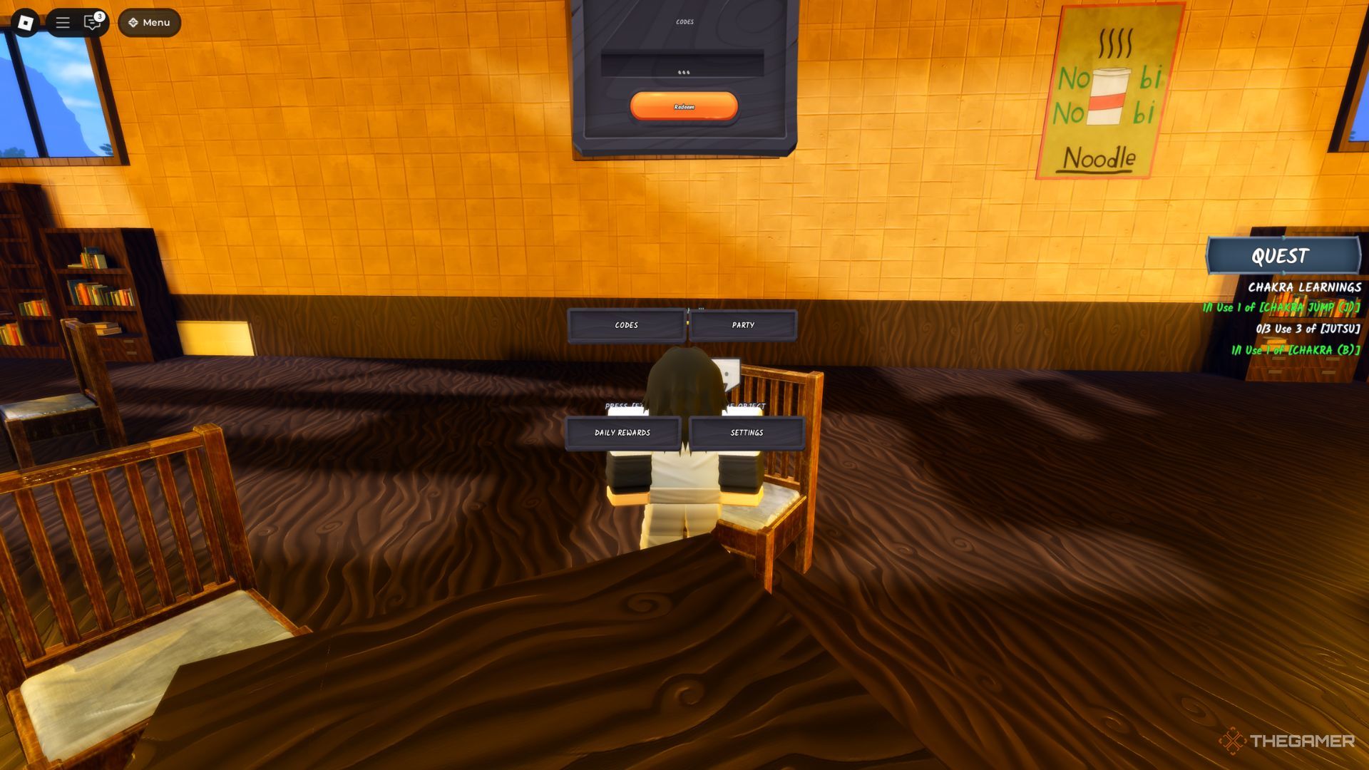 The player character shows the codes tab while being in the Leaf Village in Ninja Time.