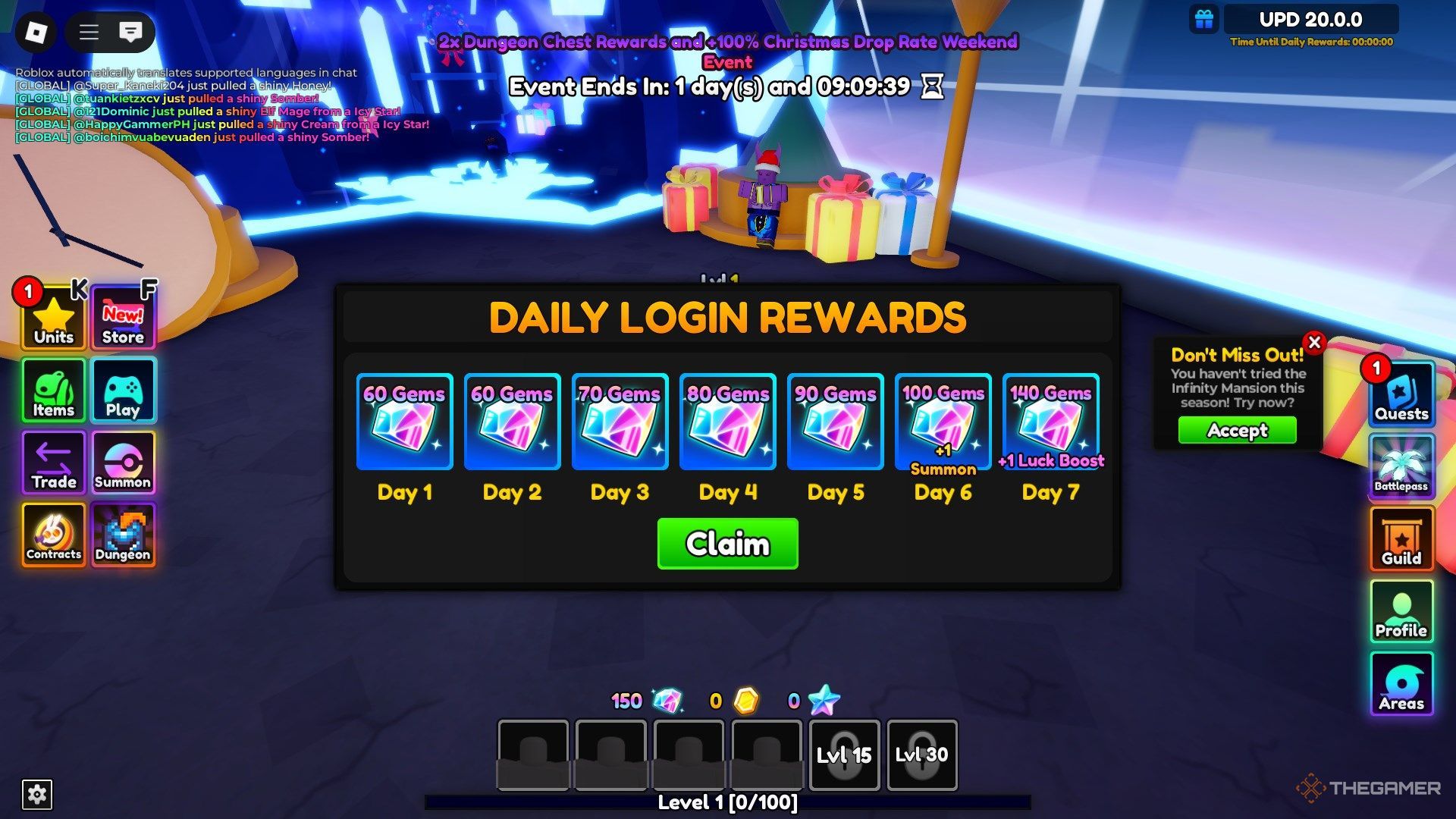 The player character shows Daily Rewards in the main lobby in Anime Adventures.