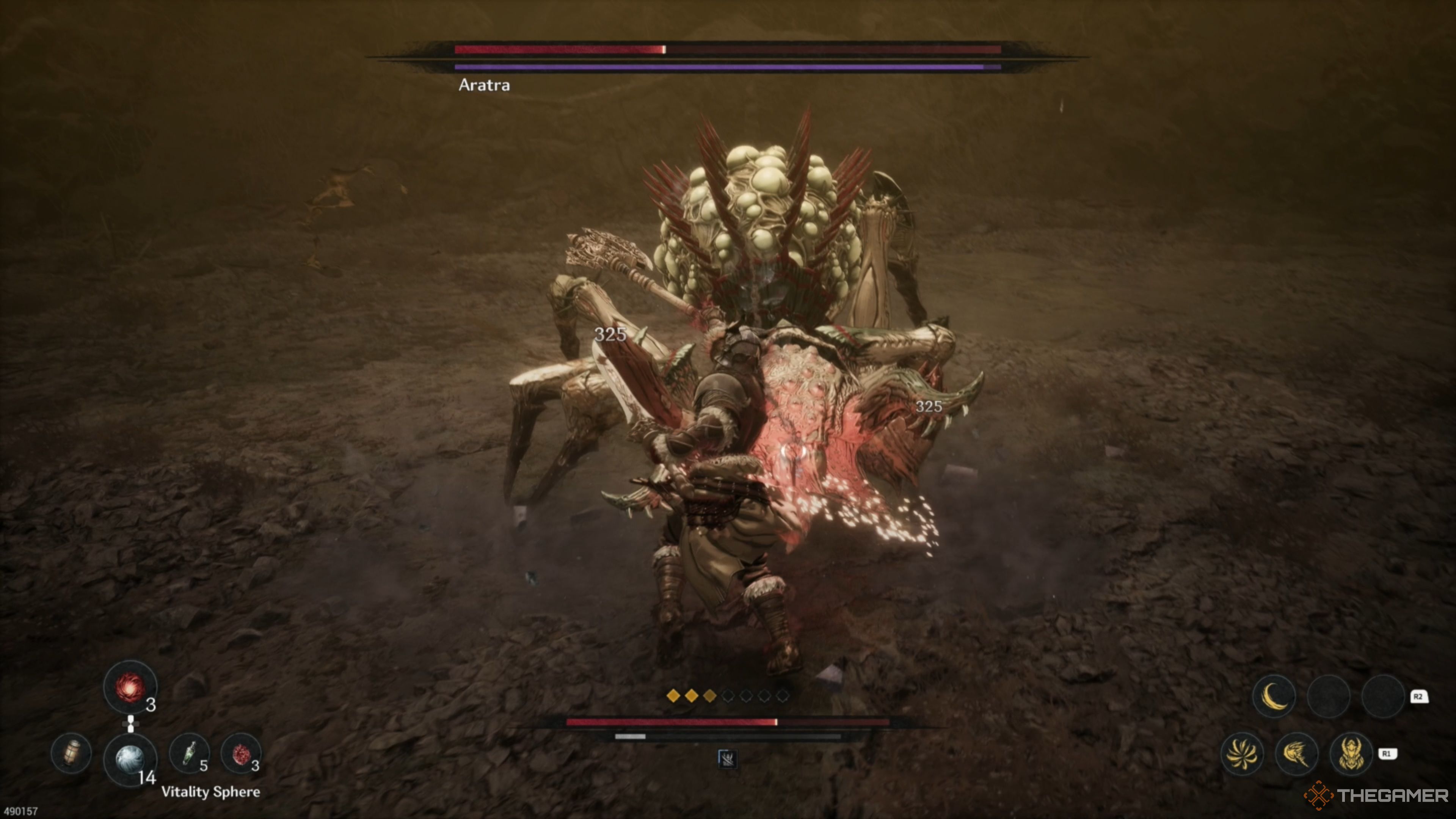 Aratra trying to bite Khazan in The First Berserker: Khazan.