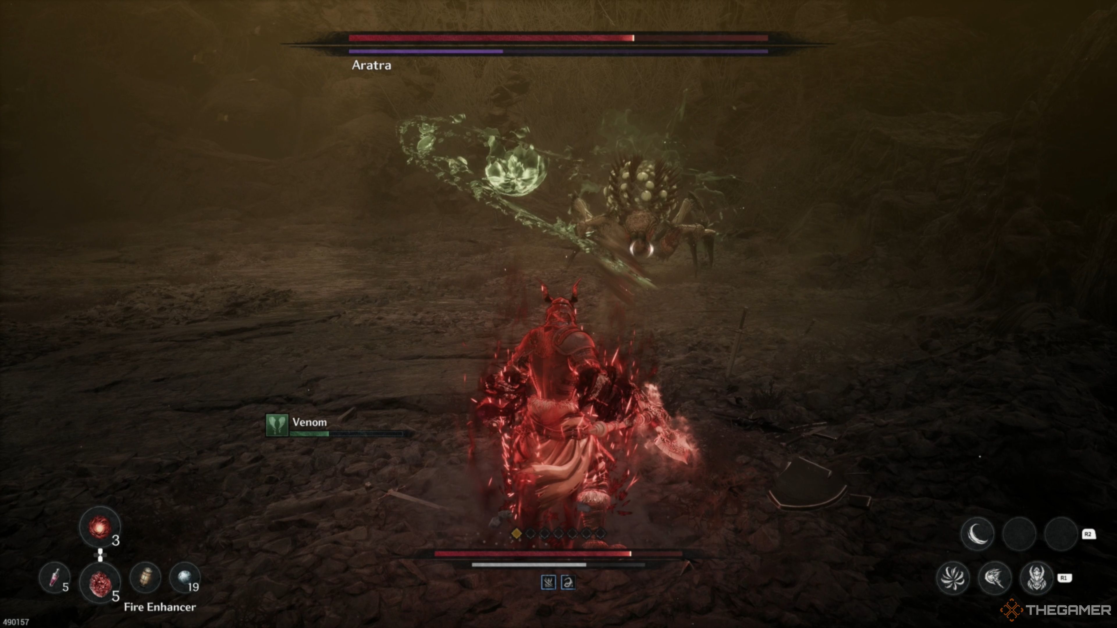 Aratra hurling a venom ball at Khazan in The First Berserker: Khazan.