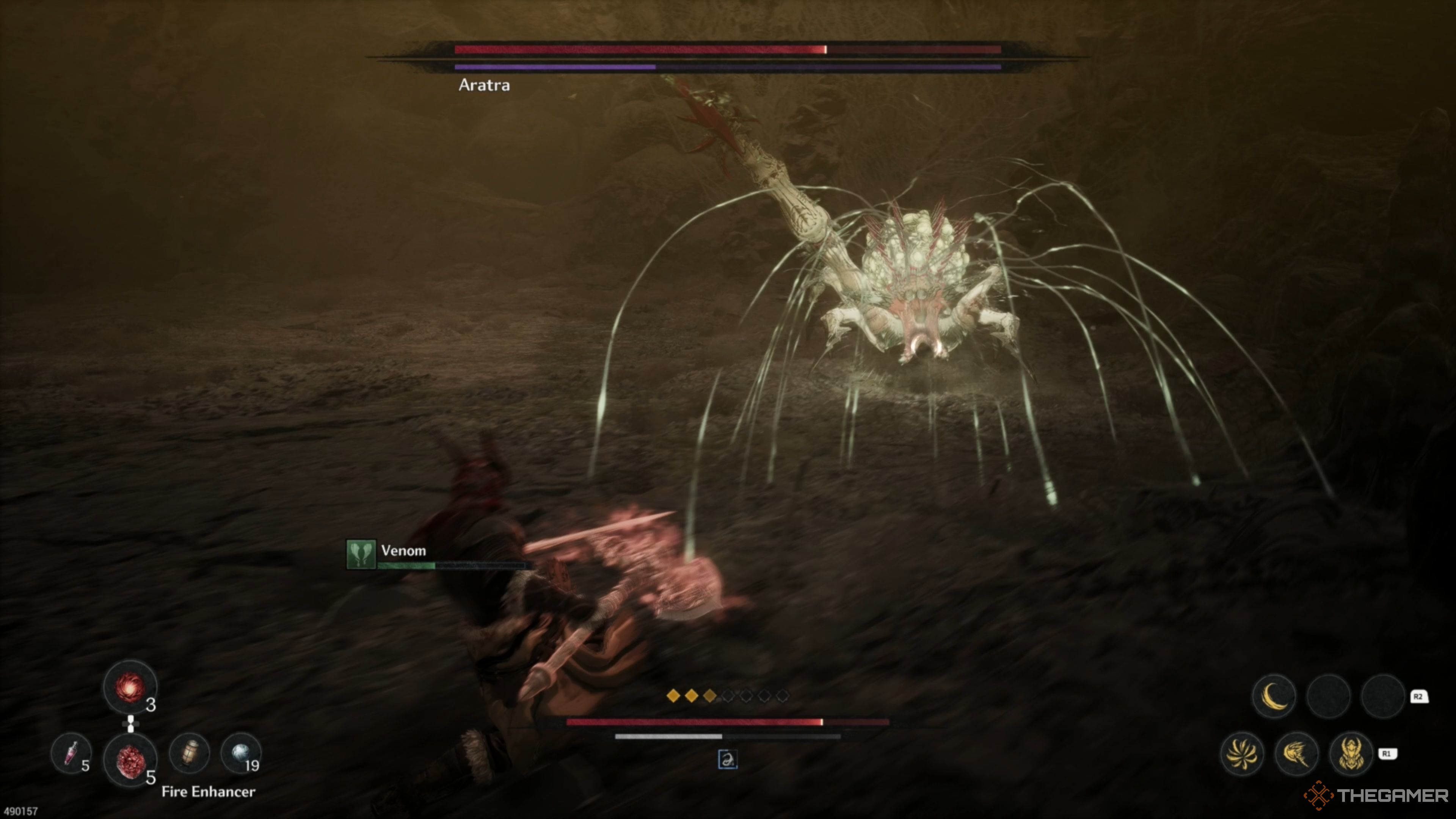 Aratra unleashing a spray of venom webs from its mouth in The First Berserker: Khazan.