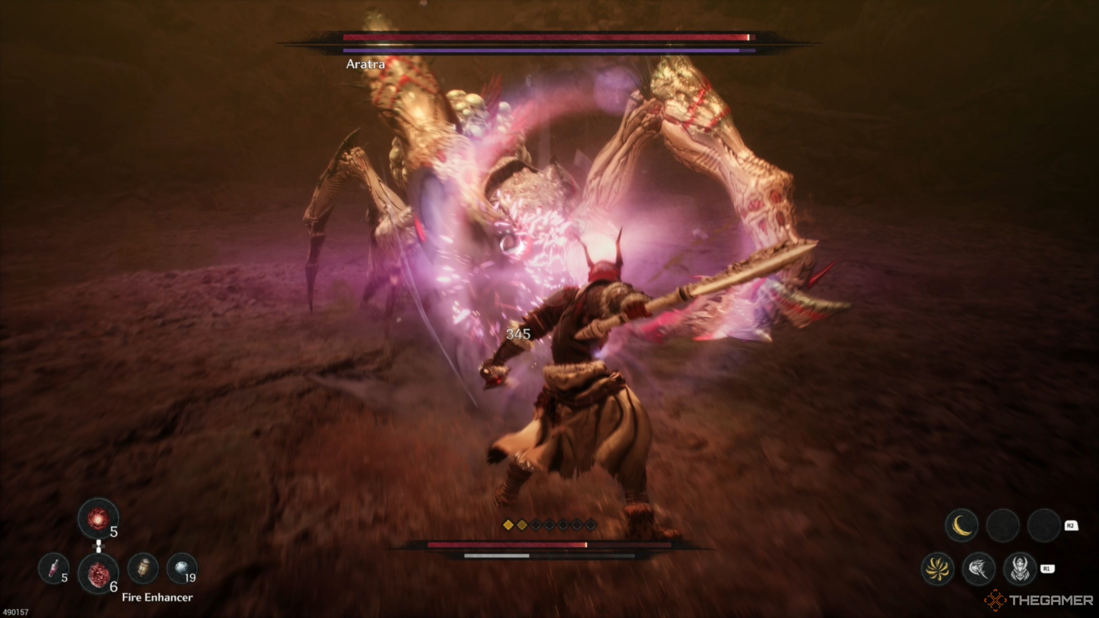 Khazan landing a Reflection on an incoming stab from Aratra's leg in The First Berserker: Khazan.