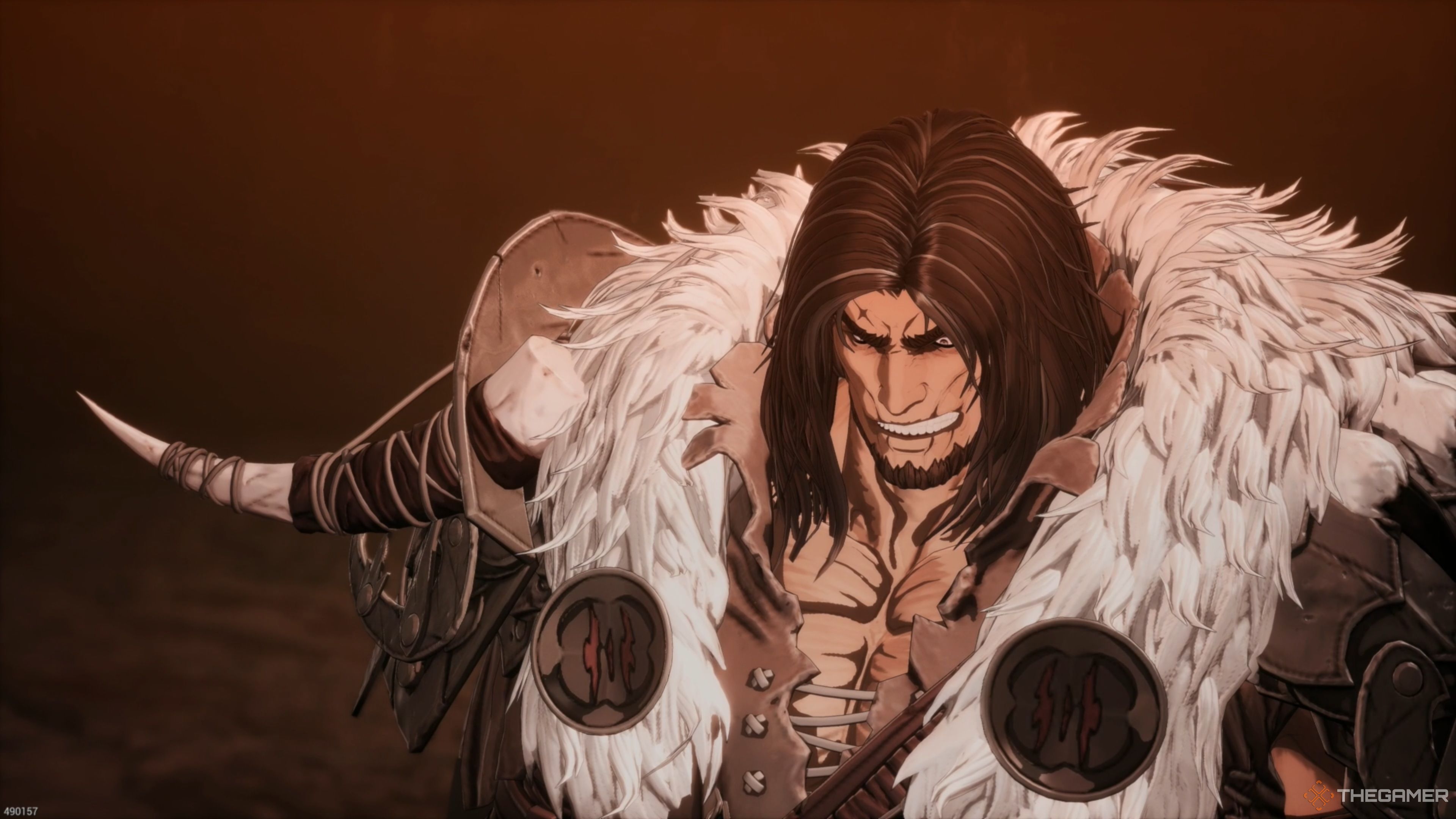 Rangkus staring down at a soldier he brutally murdered with a deranged look on his face in The First Berserker: Khazan.