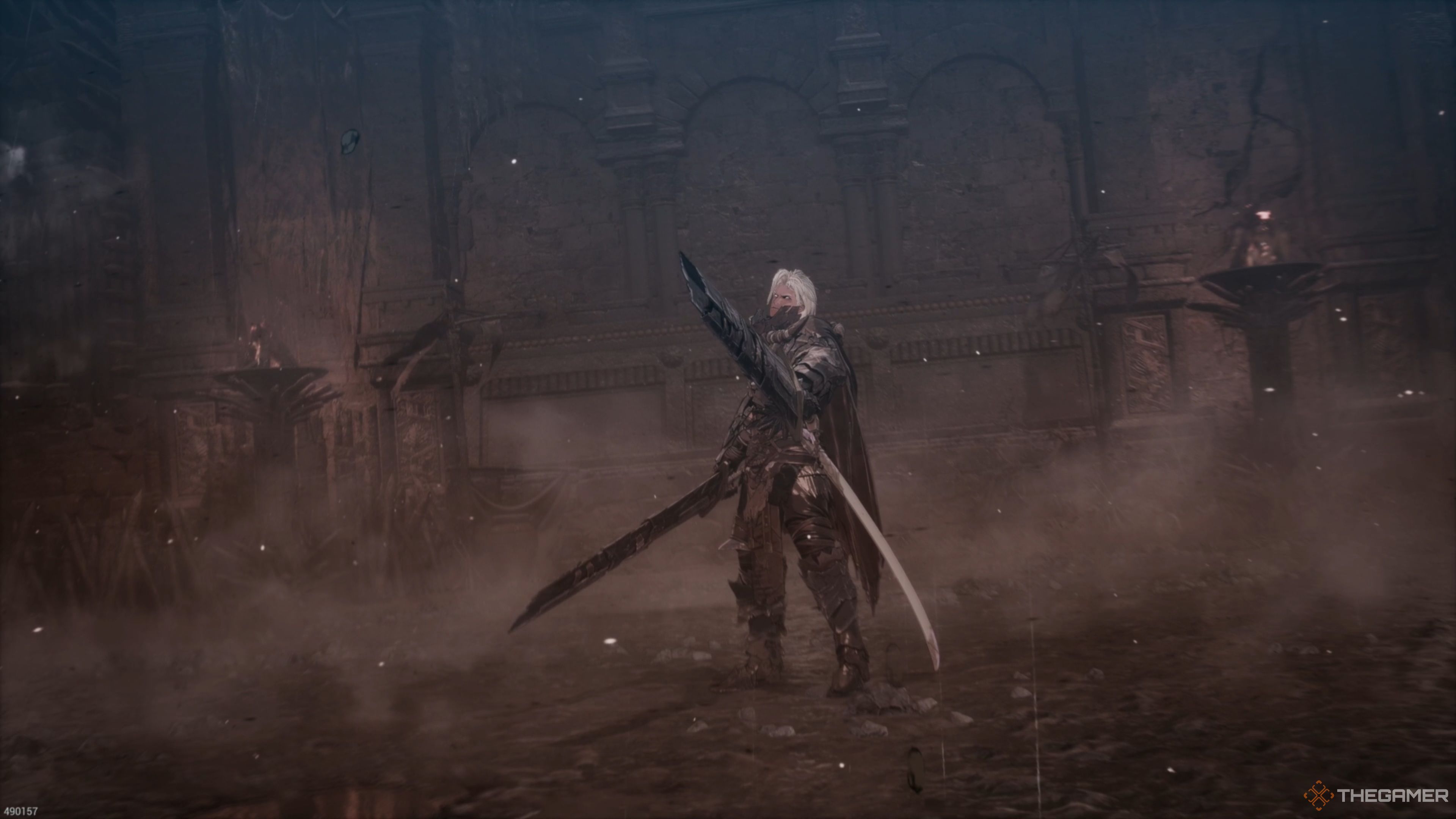 Maluca pointing his sword at Khazan in The First Berserker: Khazan.