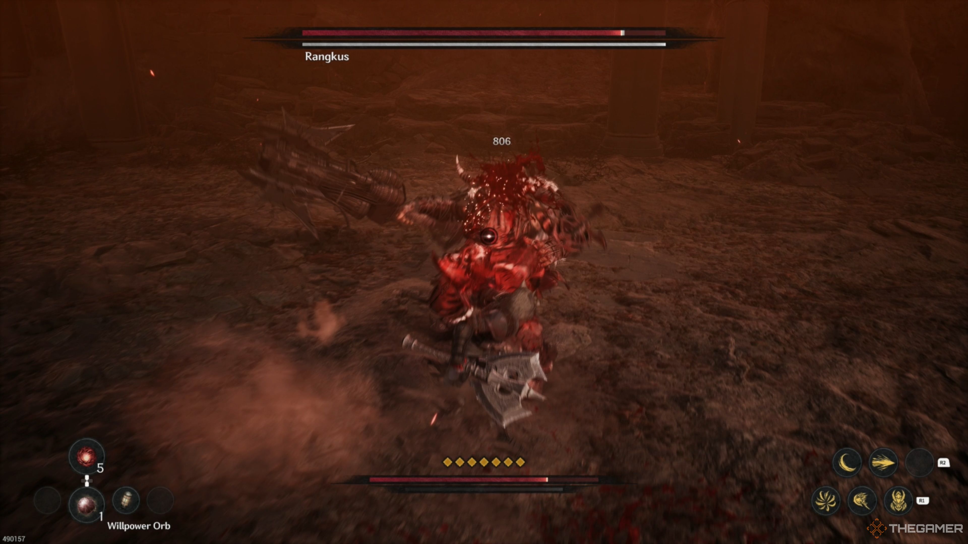 Attacking an exhausted Rangkus after draining his Stamina Gauge in The First Berserker: Khazan.
