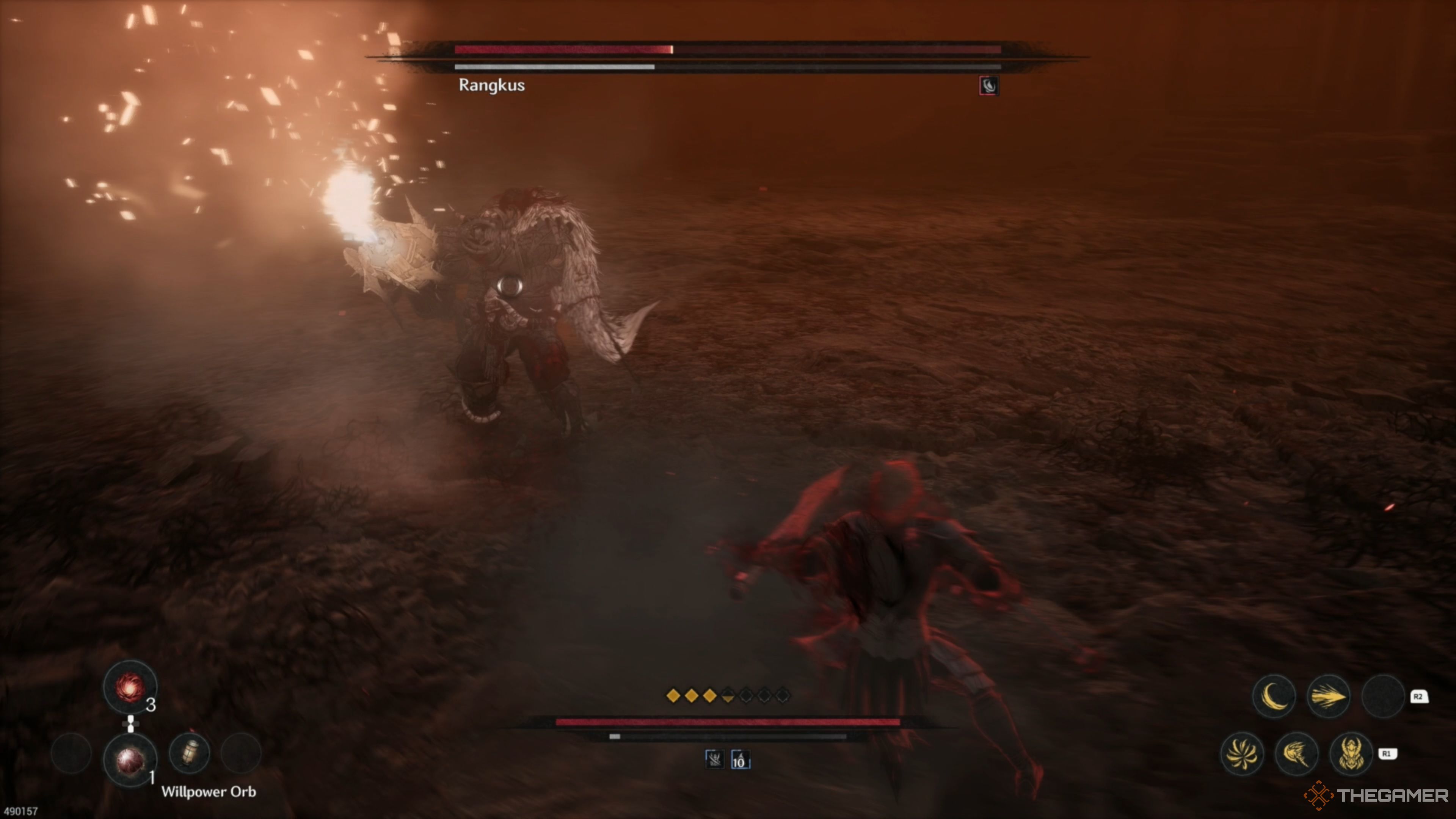Rangkus pulling out a Flamethrower in the second phase of the encounter in The First Berserker: Khazan.