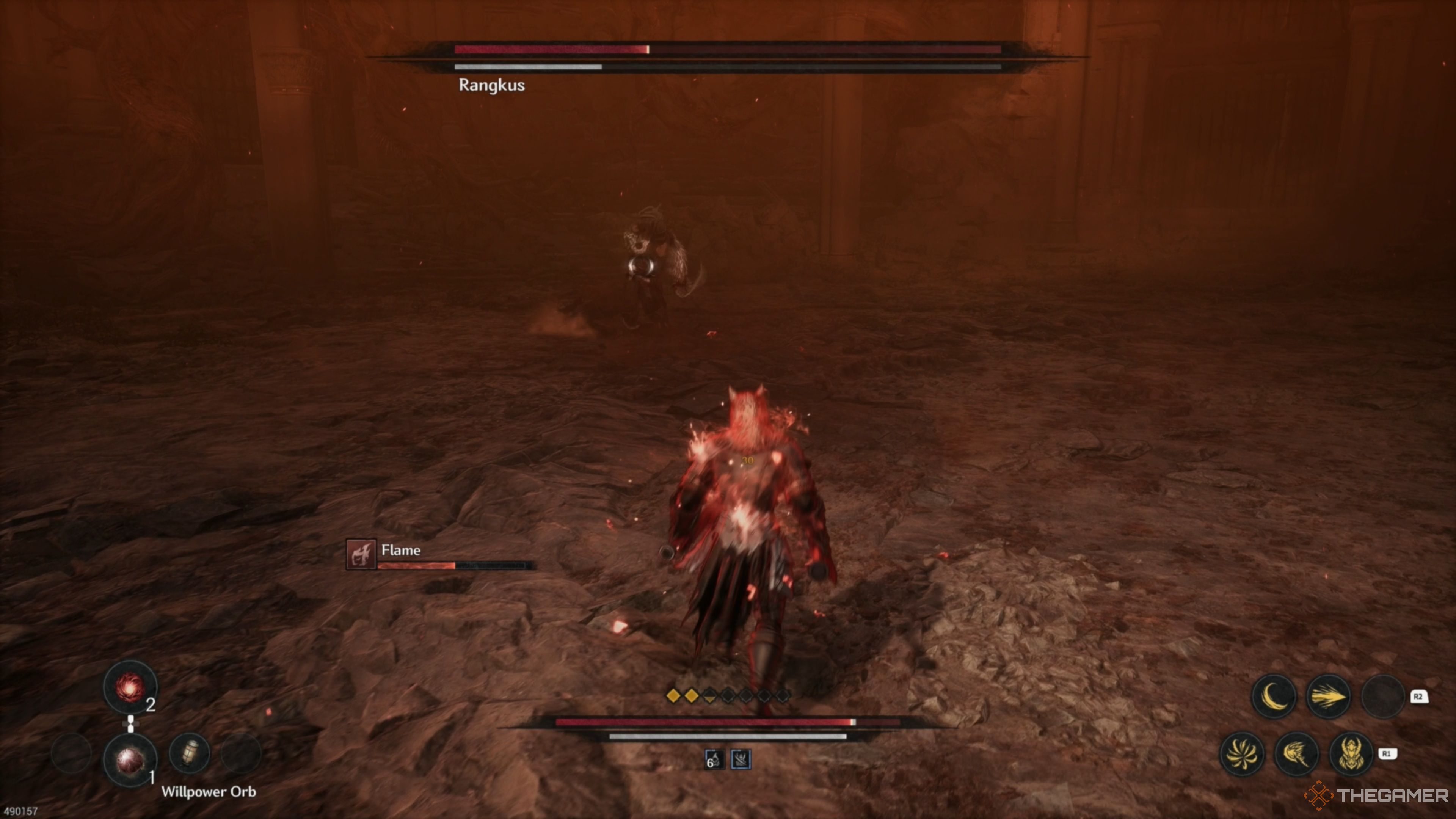 Rangkus drinking a potion that refills his Stamina in The First Berserker: Khazan.