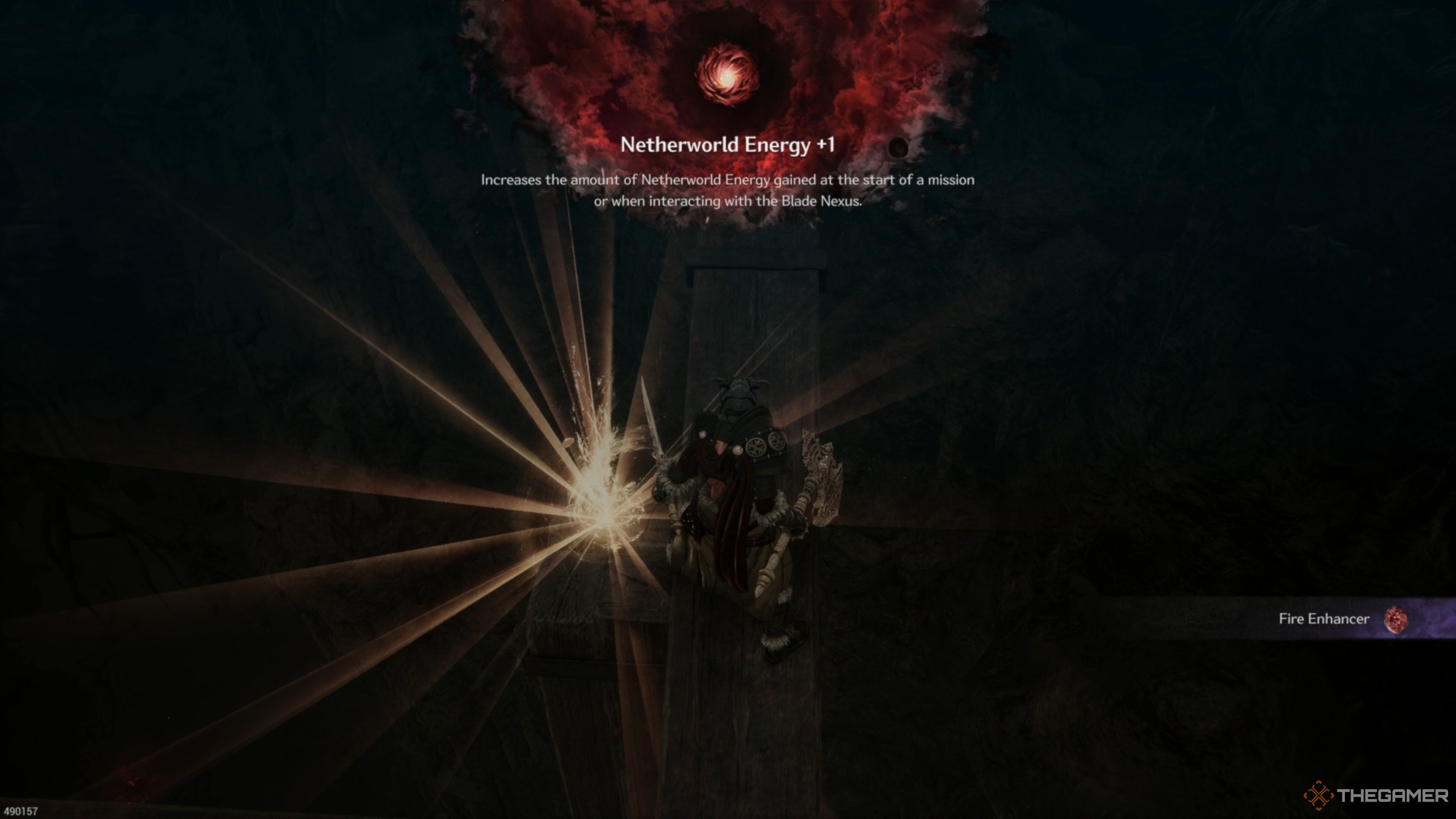 Khazan acquiring a Netherworld Energy charge and a Fire Enhancer in The First Berserker: Khazan.
