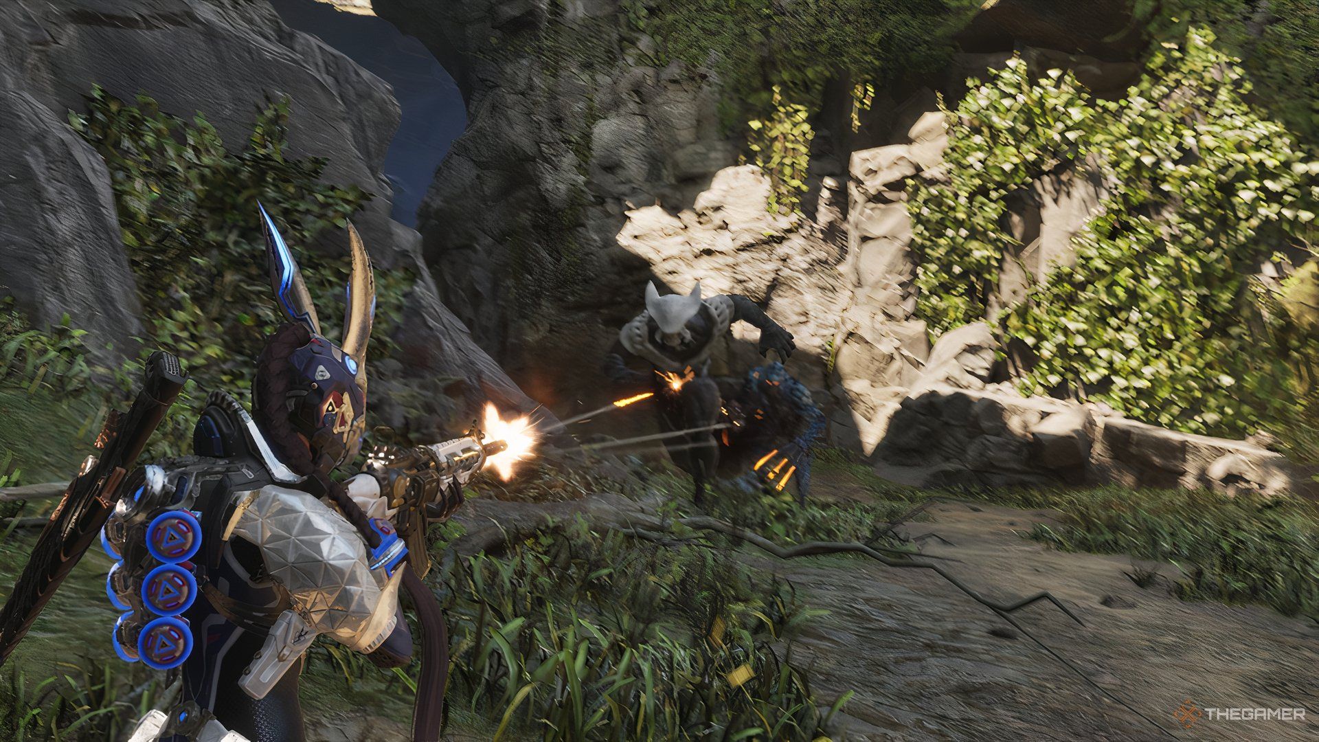 The First Descendant and large enemy running towards bunny with a smaller enemy behind it.