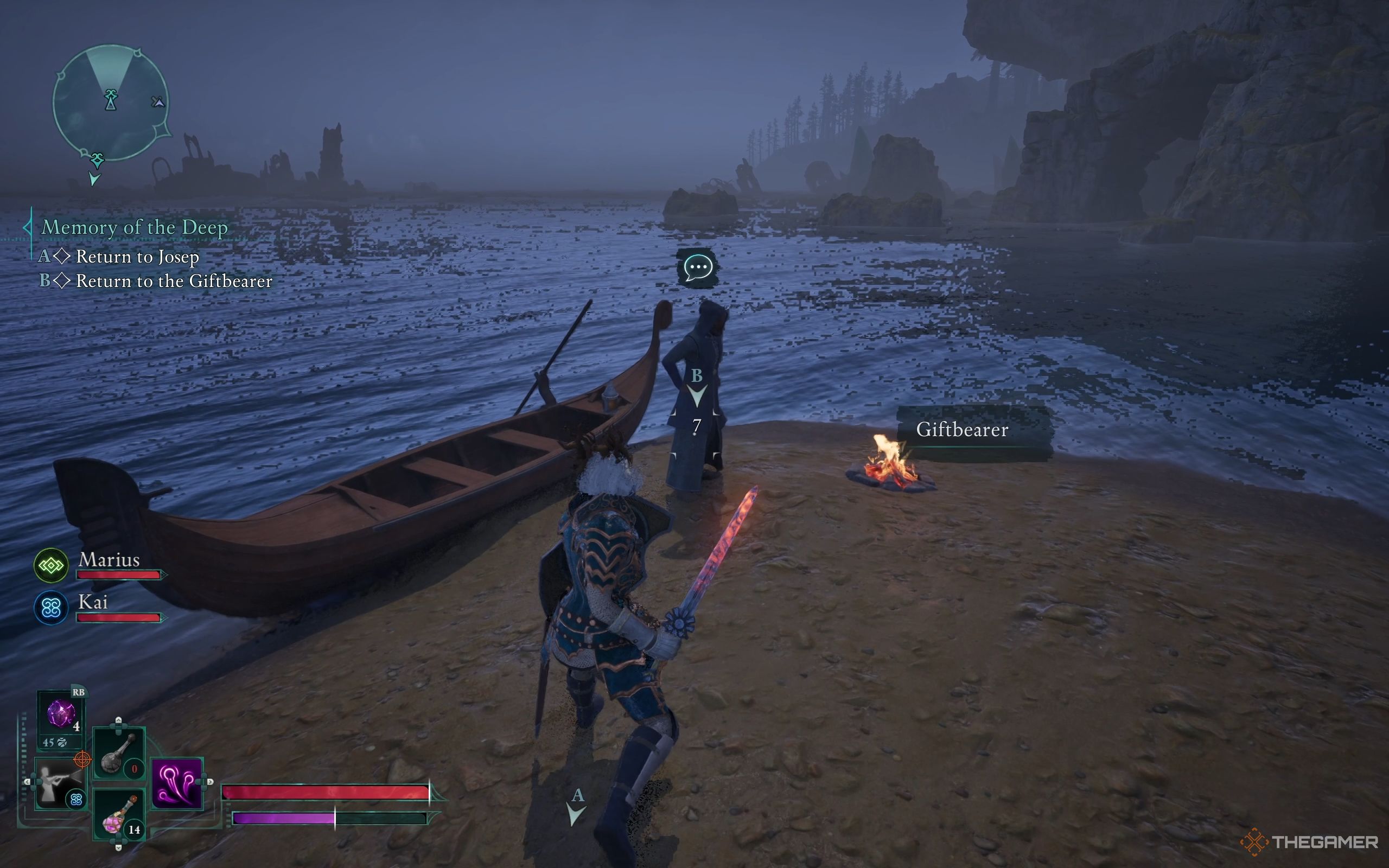 The Giftbearer stands near a wooden boat. 