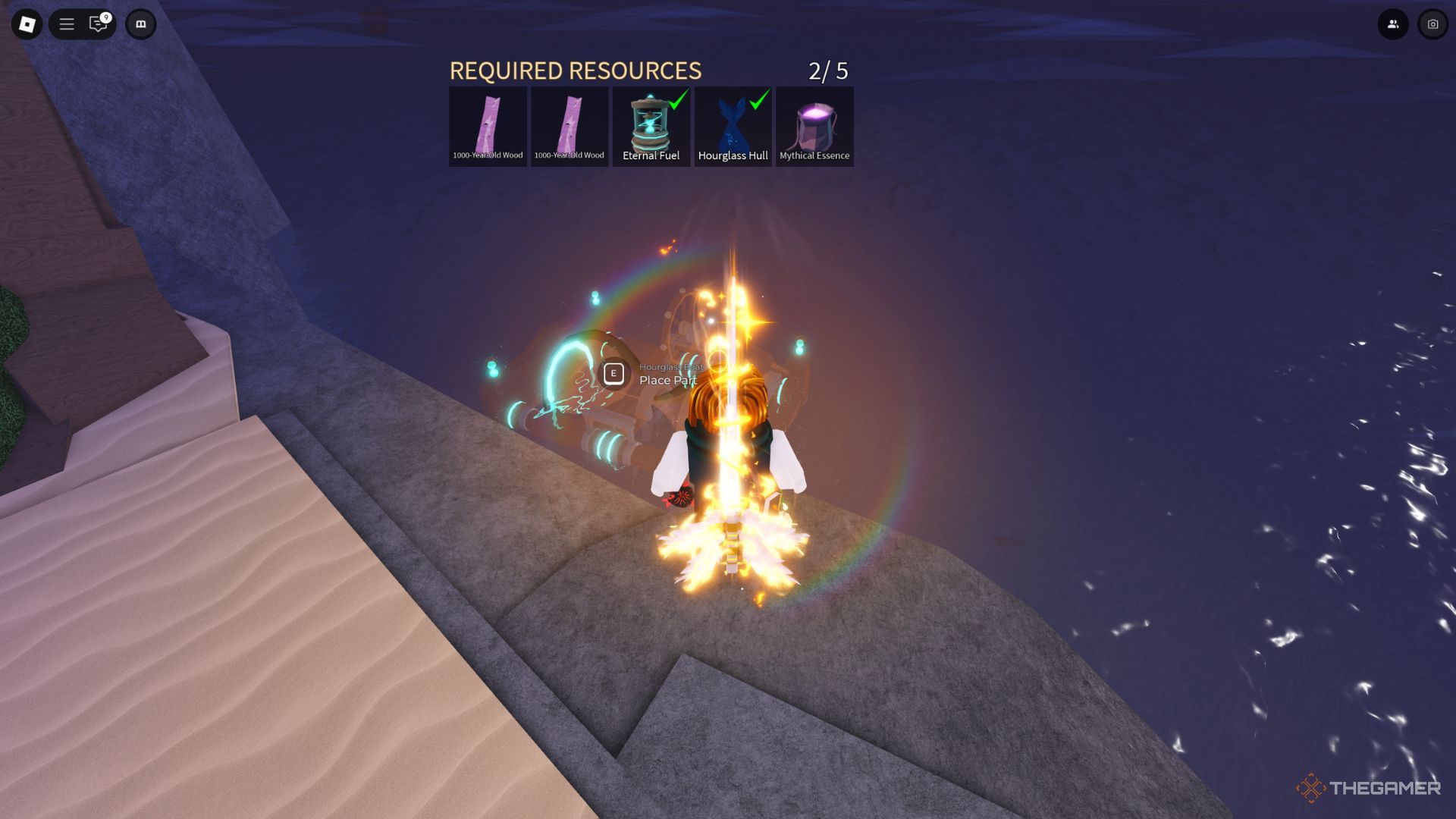 The player character shows the Hourglass Boat projection on the small island near the Moosewood area in Fisch.