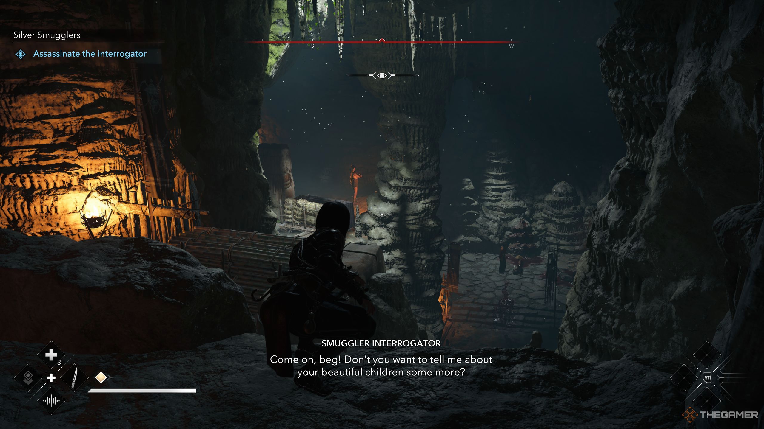 Naoe crouching in a cave where The Interrogator is in AC Shadows.